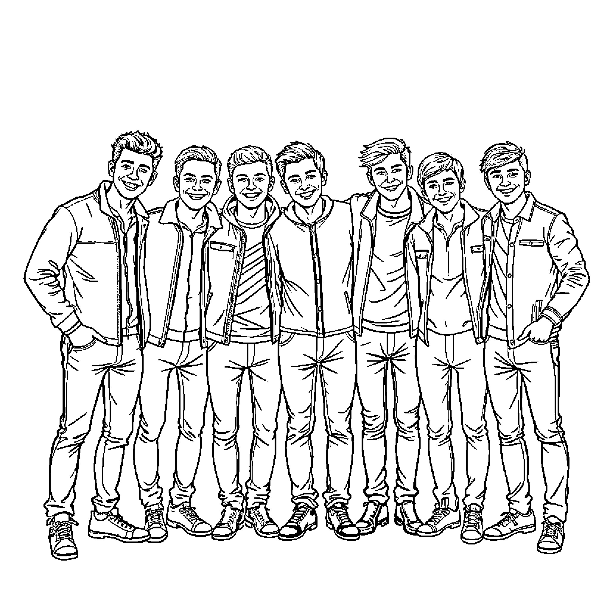 Big Time Rush Boyband Members Posing Together Coloring Page (free black-and-white line drawing printable PDF for all, from beginners to advanced learners, including children, teens, adults, and seniors)