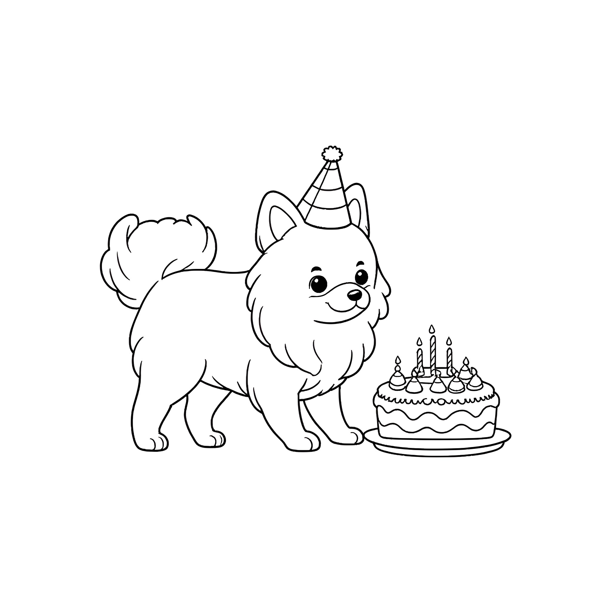 Pomeranian dog with birthday cake and party hat Coloring Page (free black-and-white line drawing printable PDF for all, from beginners to advanced learners, including children, teens, adults, and seniors)