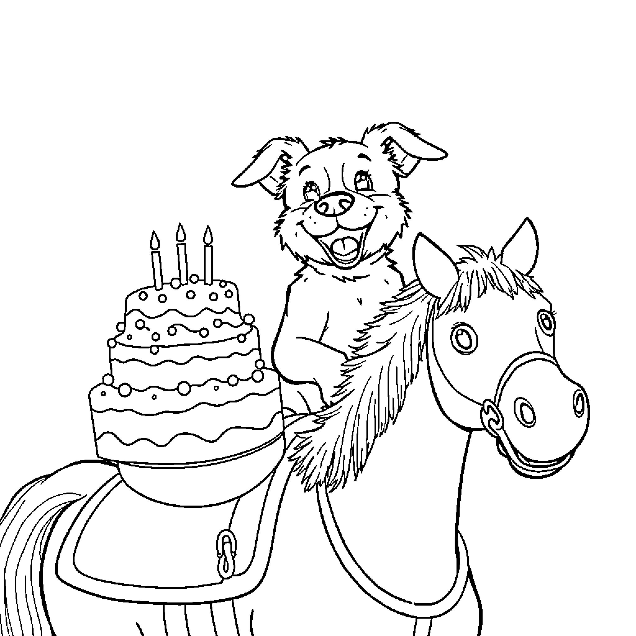Dog riding a horse and holding birthday cake Coloring Page (free black-and-white line drawing printable PDF for all, from beginners to advanced learners, including children, teens, adults, and seniors)