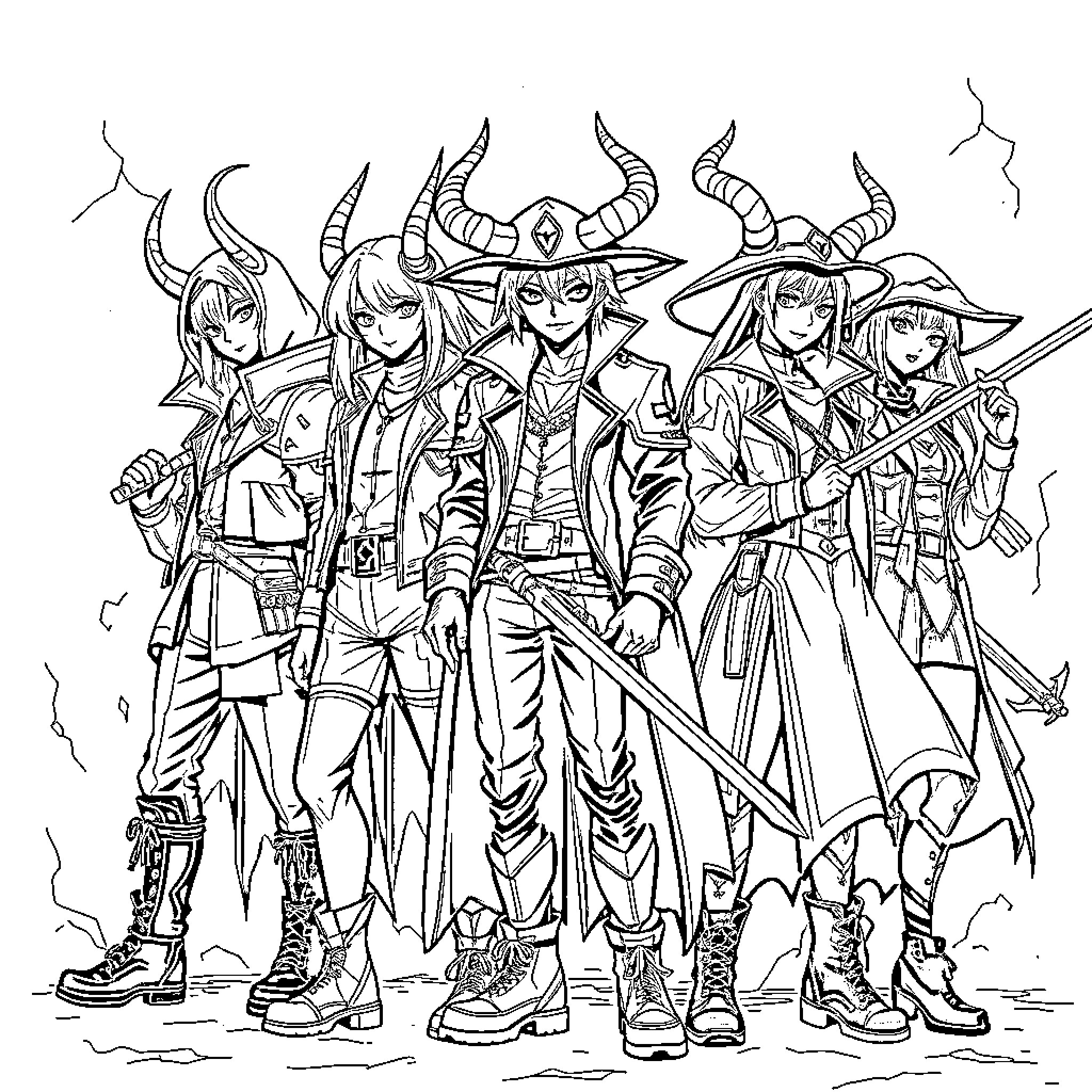 Demon Hunter Warrior Squad in Fierce Battle Stance Coloring Page (free black-and-white line drawing printable PDF for all, from beginners to advanced learners, including children, teens, adults, and seniors)