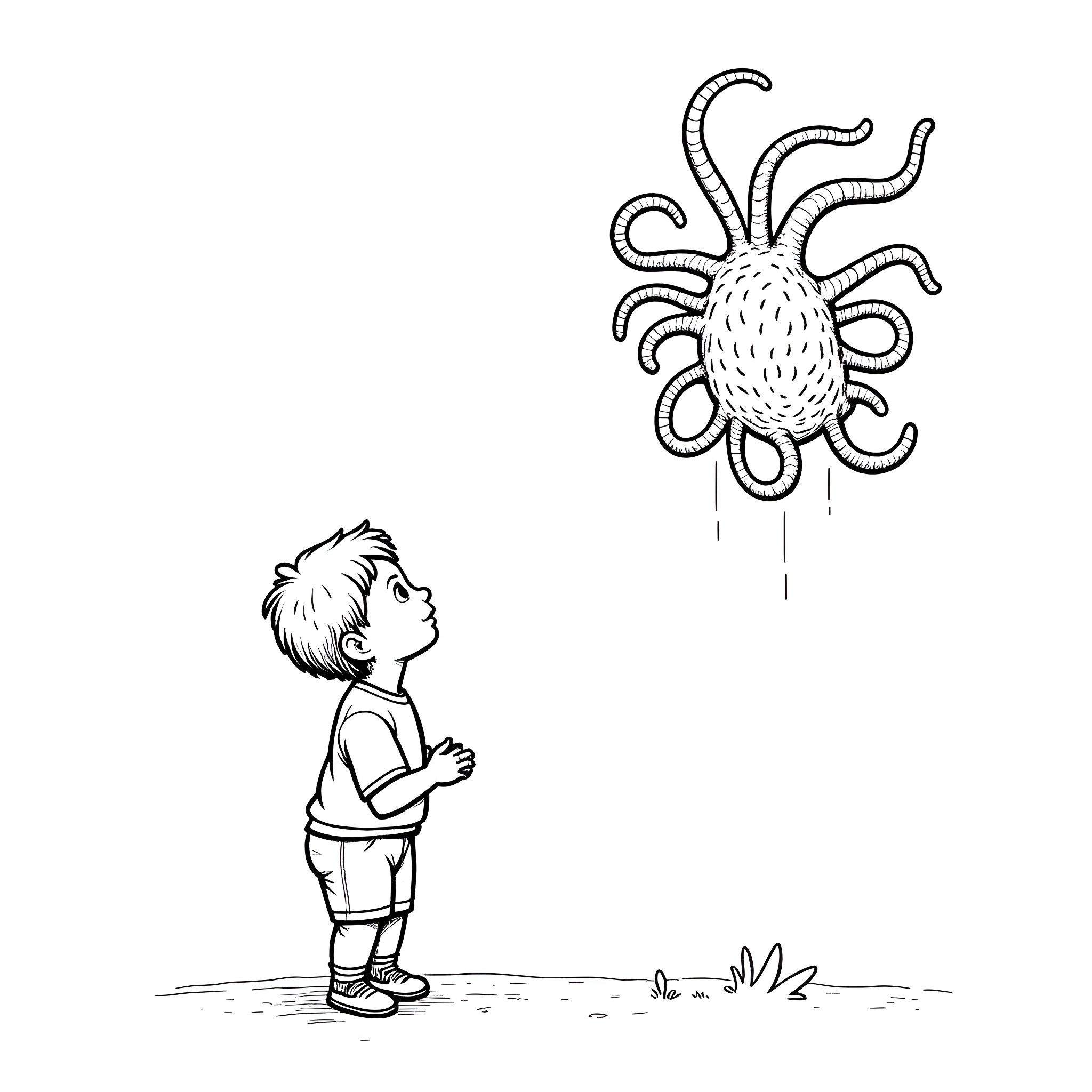 Baby Boy Observing a Curious Creature Coloring Page (free black-and-white line drawing printable PDF for all, from beginners to advanced learners, including children, teens, adults, and seniors)