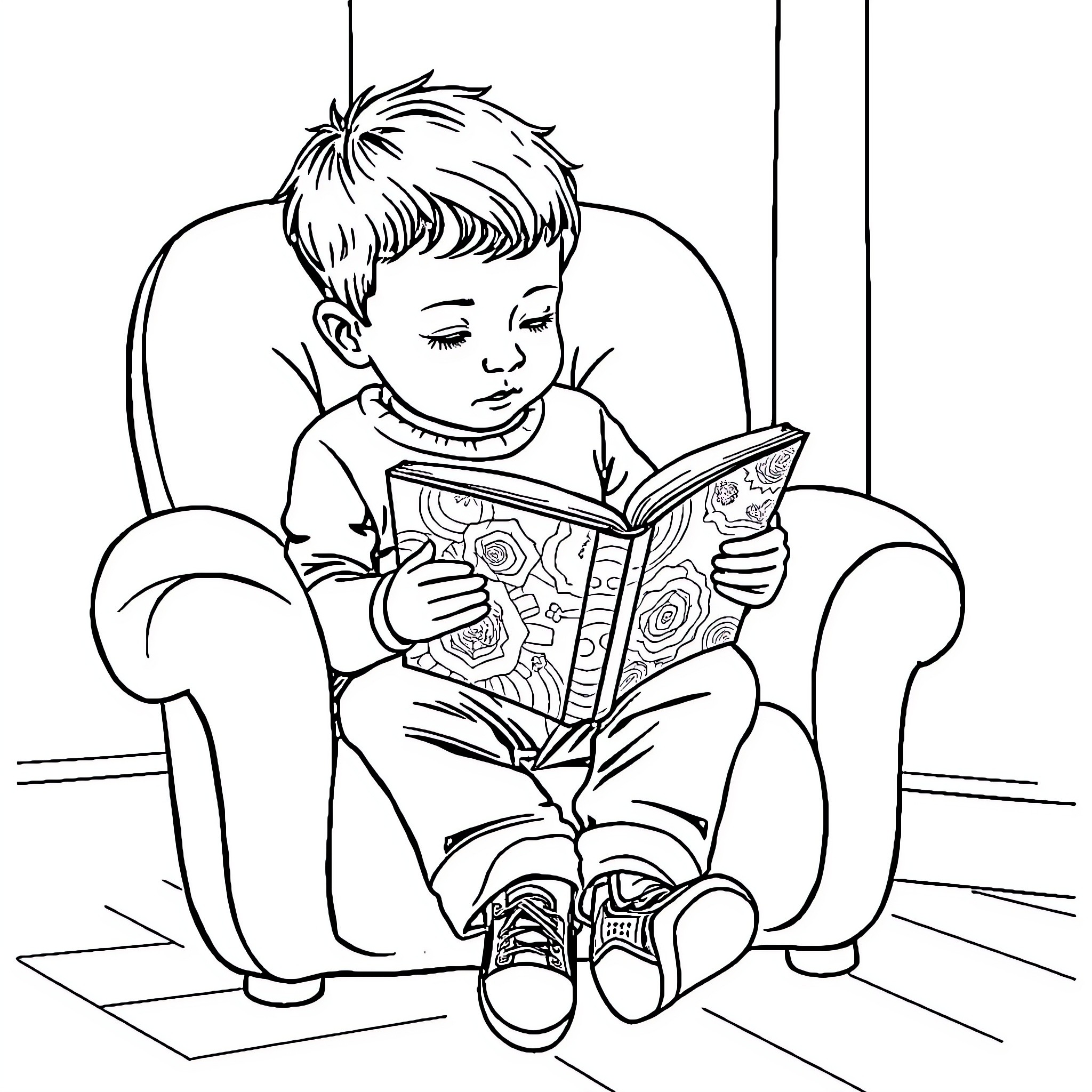 Boy reading an interesting book in a comfortable chair Coloring Page (free black-and-white line drawing printable PDF for all, from beginners to advanced learners, including children, teens, adults, and seniors)
