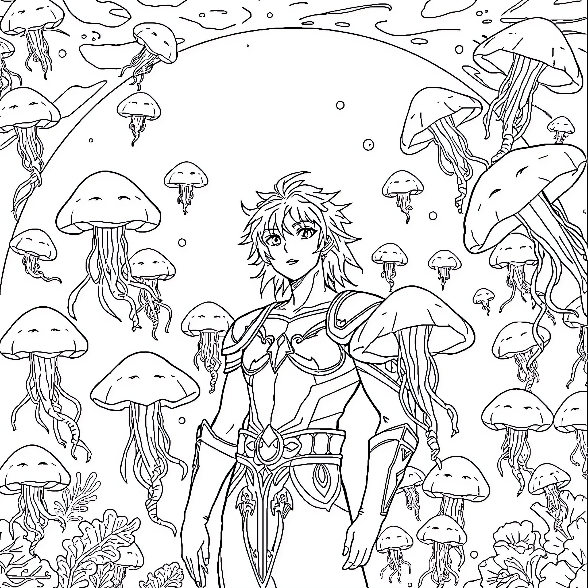 Seiya's Mystical Mushroom Adventure Coloring Page (free black-and-white line drawing printable PDF for all, from beginners to advanced learners, including children, teens, adults, and seniors)
