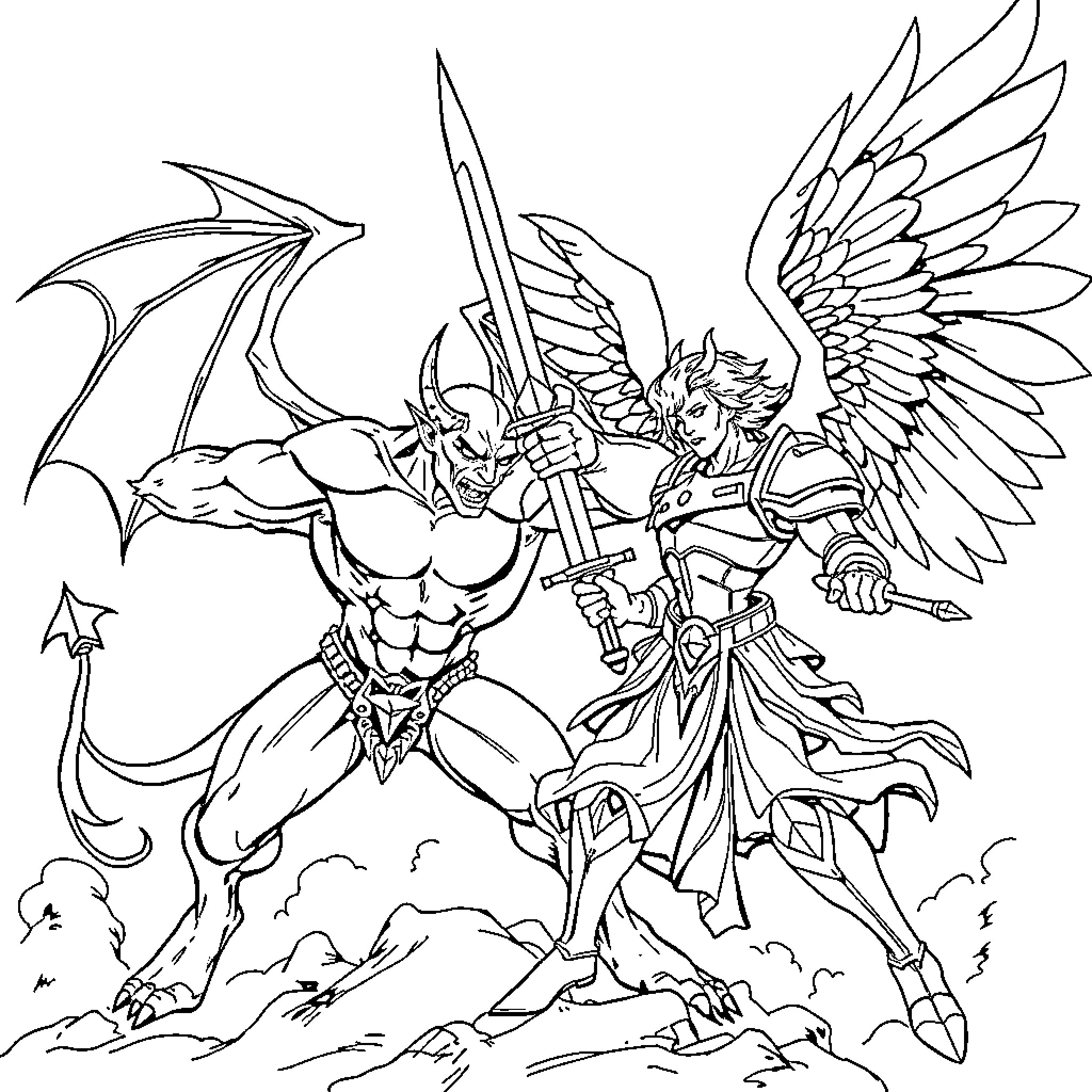 Demon Warriors Engaged in Fierce Battle Coloring Page (free black-and-white line drawing printable PDF for all, from beginners to advanced learners, including children, teens, adults, and seniors)