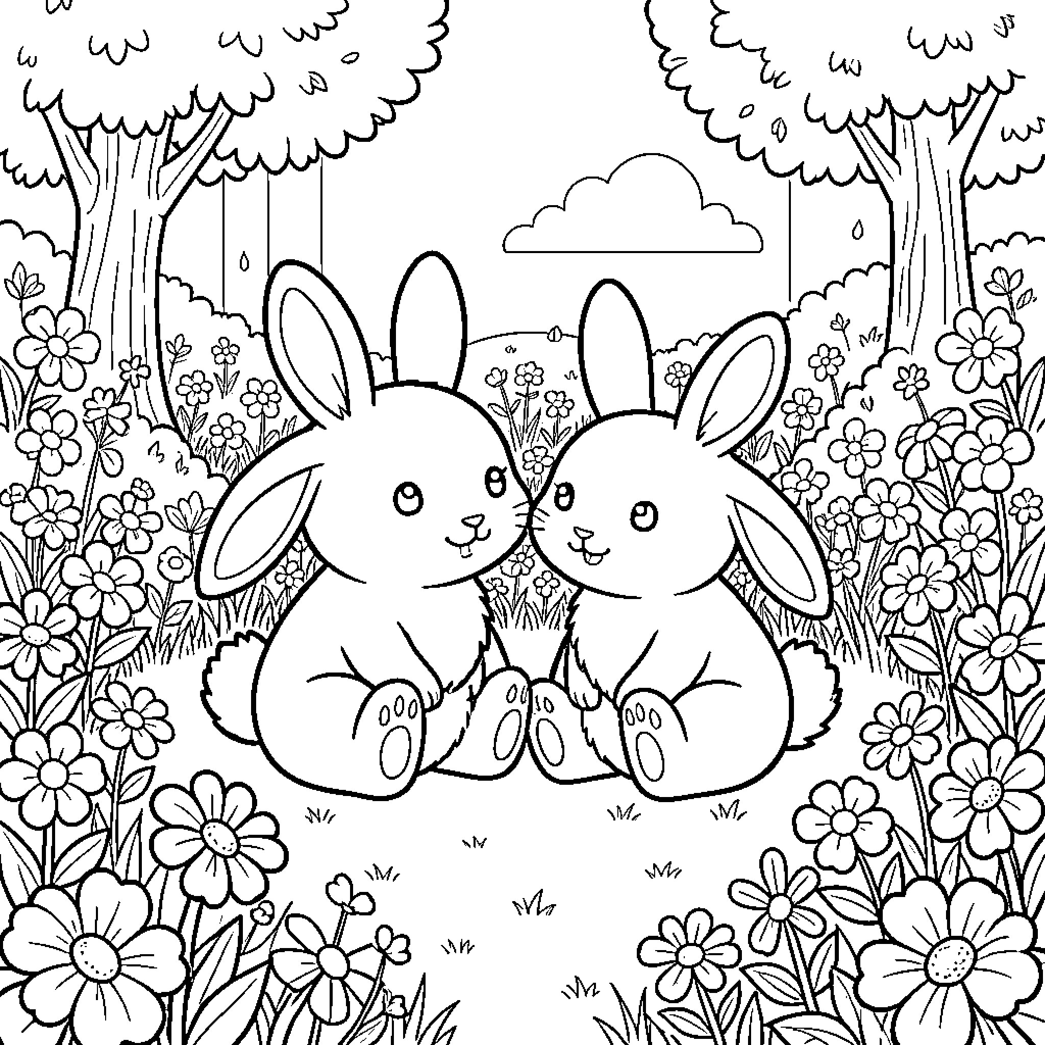 Bunny Bunnies Cuddling in Floral Garden Coloring Page (free black-and-white line drawing printable PDF for all, from beginners to advanced learners, including children, teens, adults, and seniors)