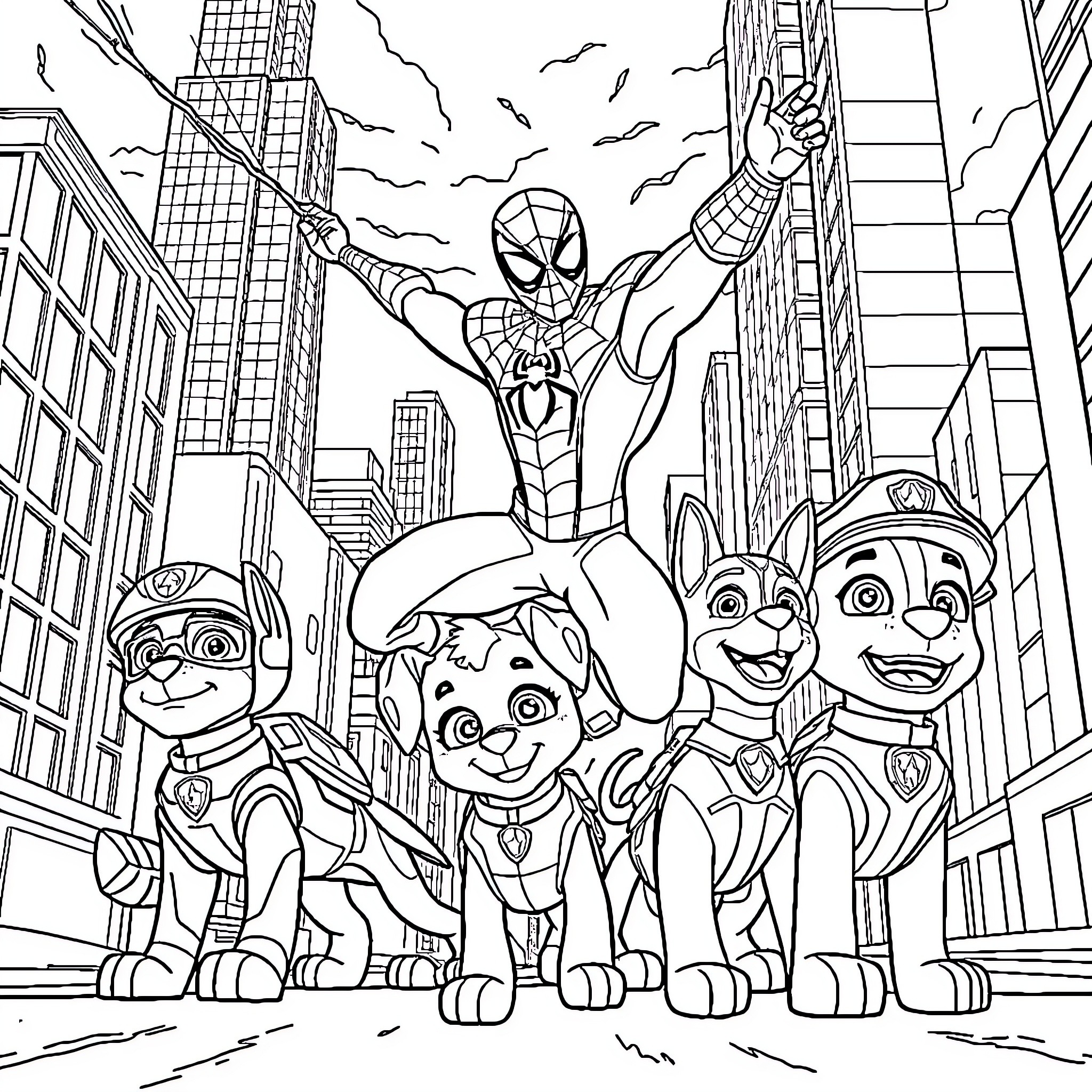 Spiderman rescues Paw Patrol team in the city Coloring Page (free black-and-white line drawing printable PDF for all, from beginners to advanced learners, including children, teens, adults, and seniors)