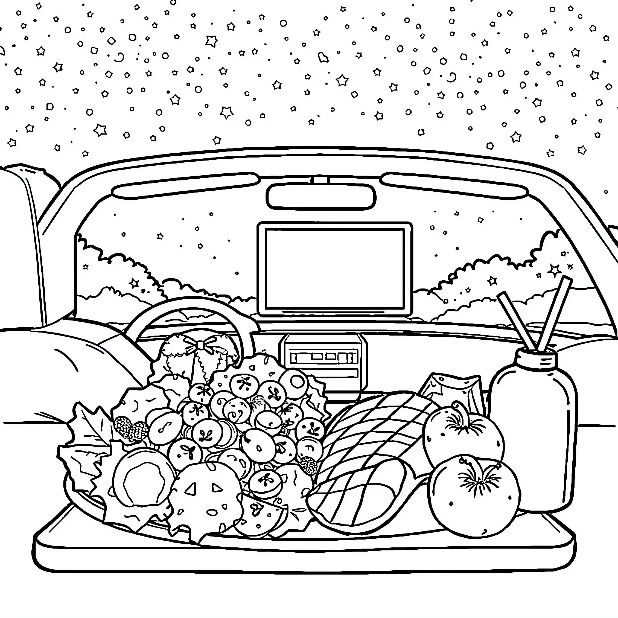 Meal on the Road in Winter Coloring Page (free black-and-white line drawing printable PDF for all, from beginners to advanced learners, including children, teens, adults, and seniors)