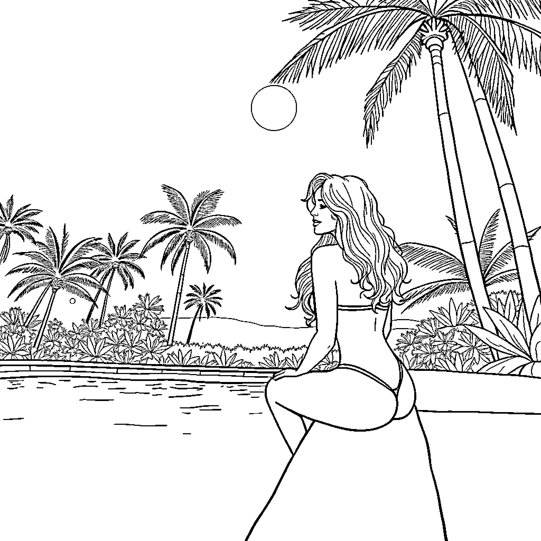 Lady sitting on the beach at sunset Coloring Page (free black-and-white line drawing printable PDF for all, from beginners to advanced learners, including children, teens, adults, and seniors)