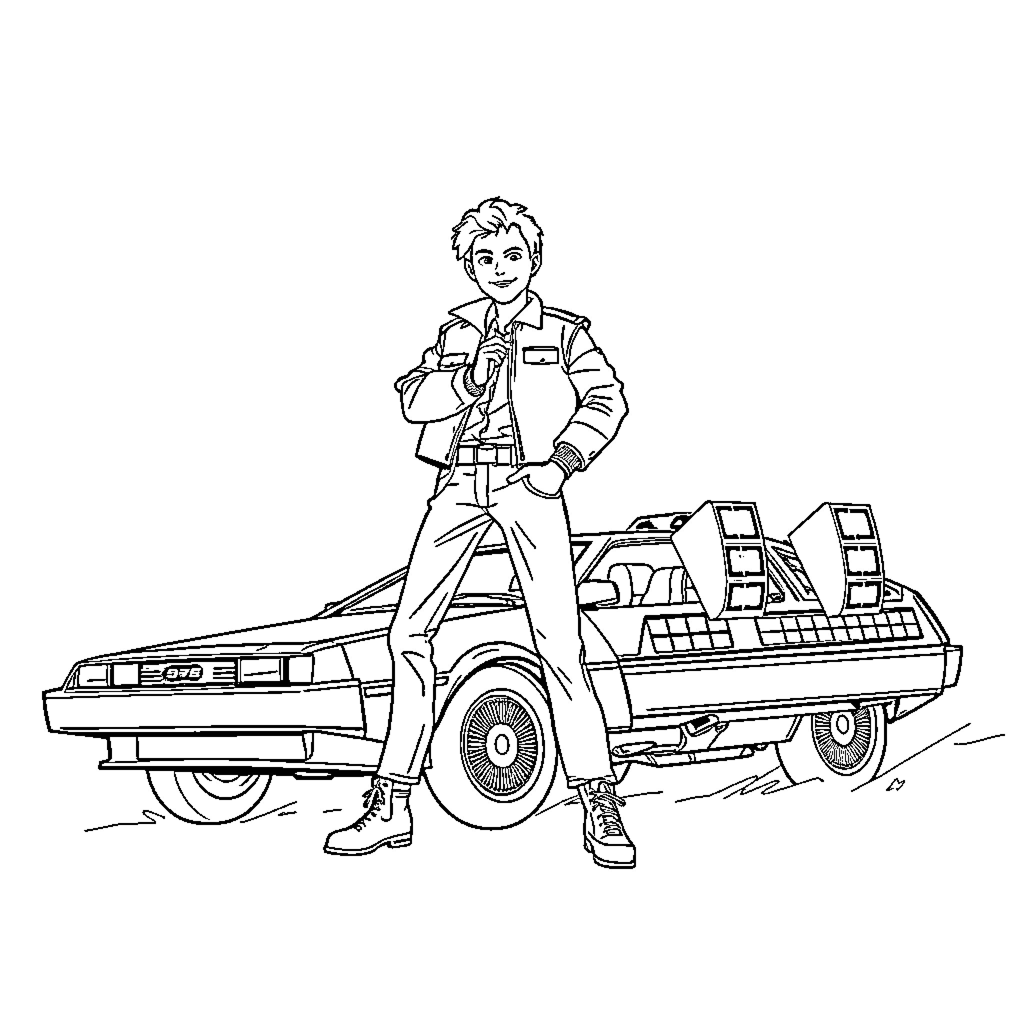 Marty McFly's Time-Traveling Adventure Coloring Page (free black-and-white line drawing printable PDF for all, from beginners to advanced learners, including children, teens, adults, and seniors)