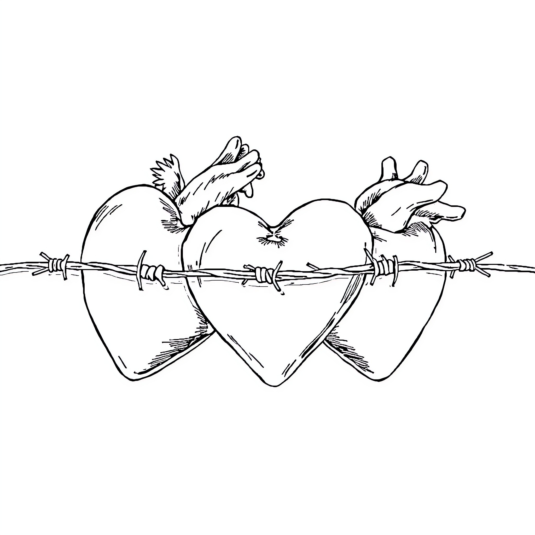 Heart Pierced by Barbed Wire Coloring Page (free black-and-white line drawing printable PDF for all, from beginners to advanced learners, including children, teens, adults, and seniors)