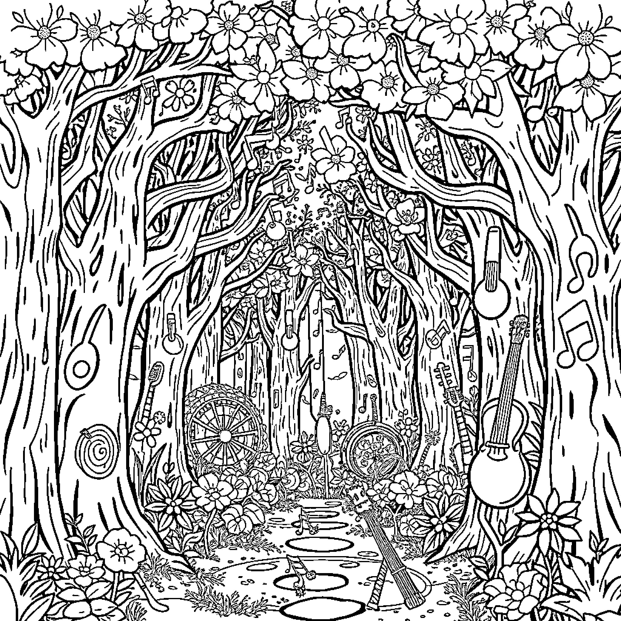 Forest filled with whimsical floral and musical elements Coloring Page (free black-and-white line drawing printable PDF for all, from beginners to advanced learners, including children, teens, adults, and seniors)