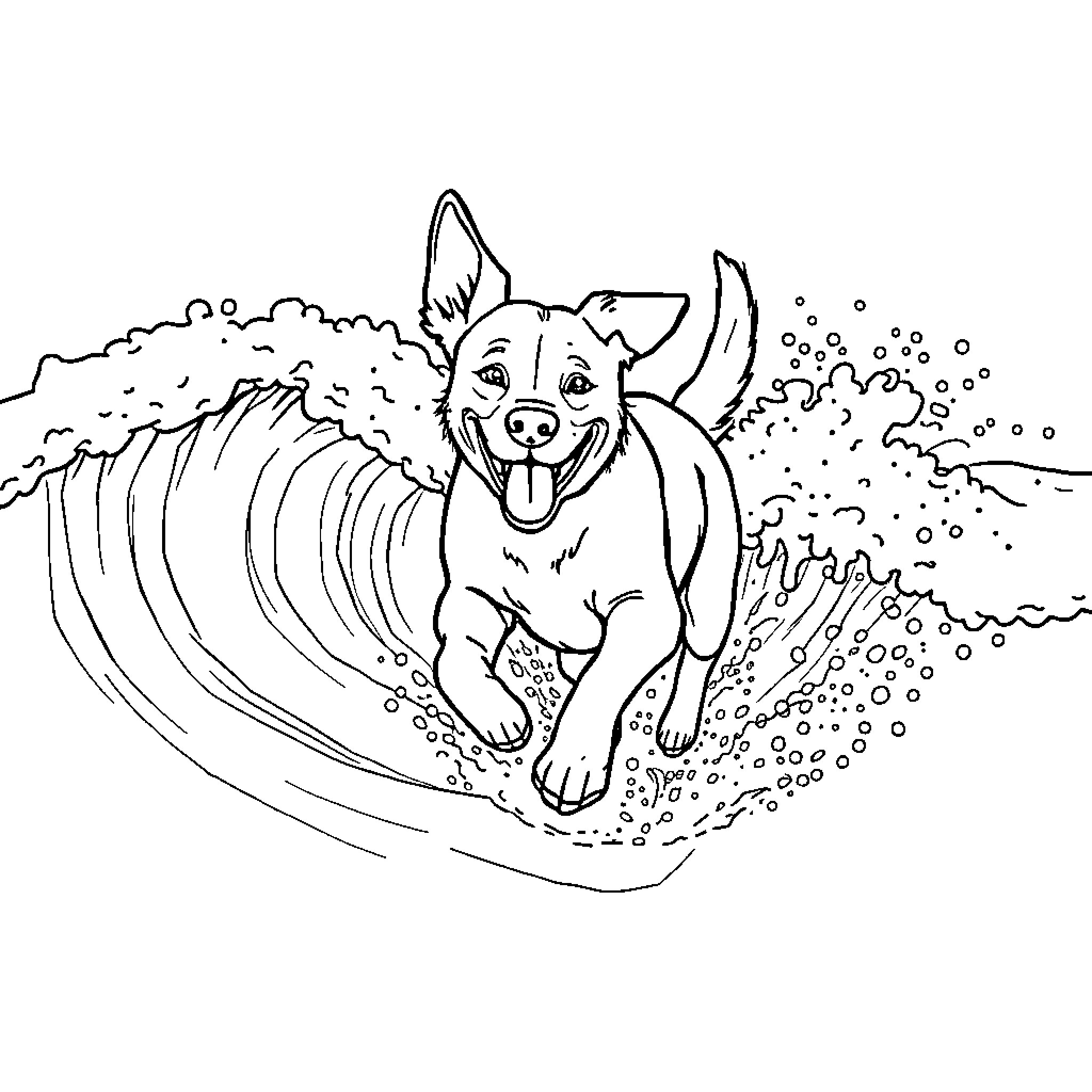 Dog Surfing Enthusiastically Through the Waves Coloring Page (free black-and-white line drawing printable PDF for all, from beginners to advanced learners, including children, teens, adults, and seniors)