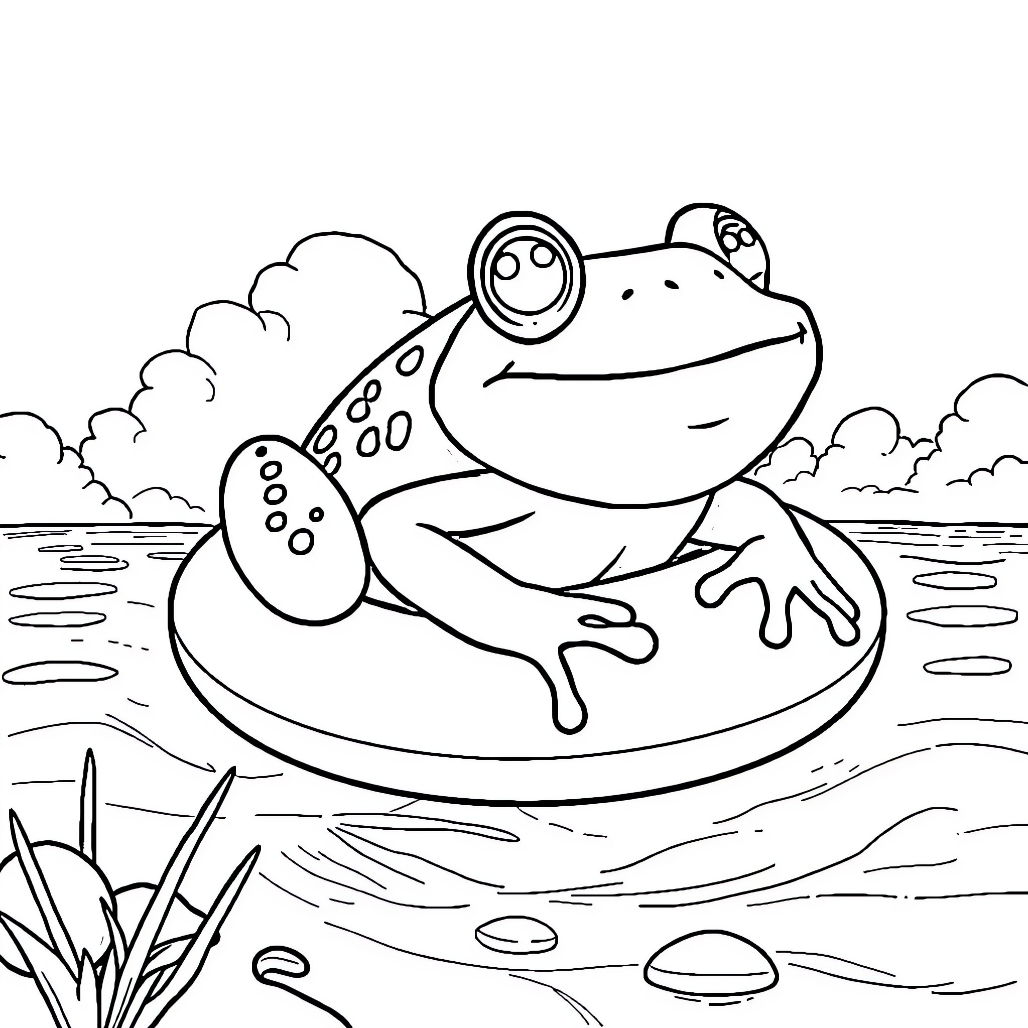 Frog lounging on a lily pad in the pond Coloring Page (free black-and-white line drawing printable PDF for all, from beginners to advanced learners, including children, teens, adults, and seniors)