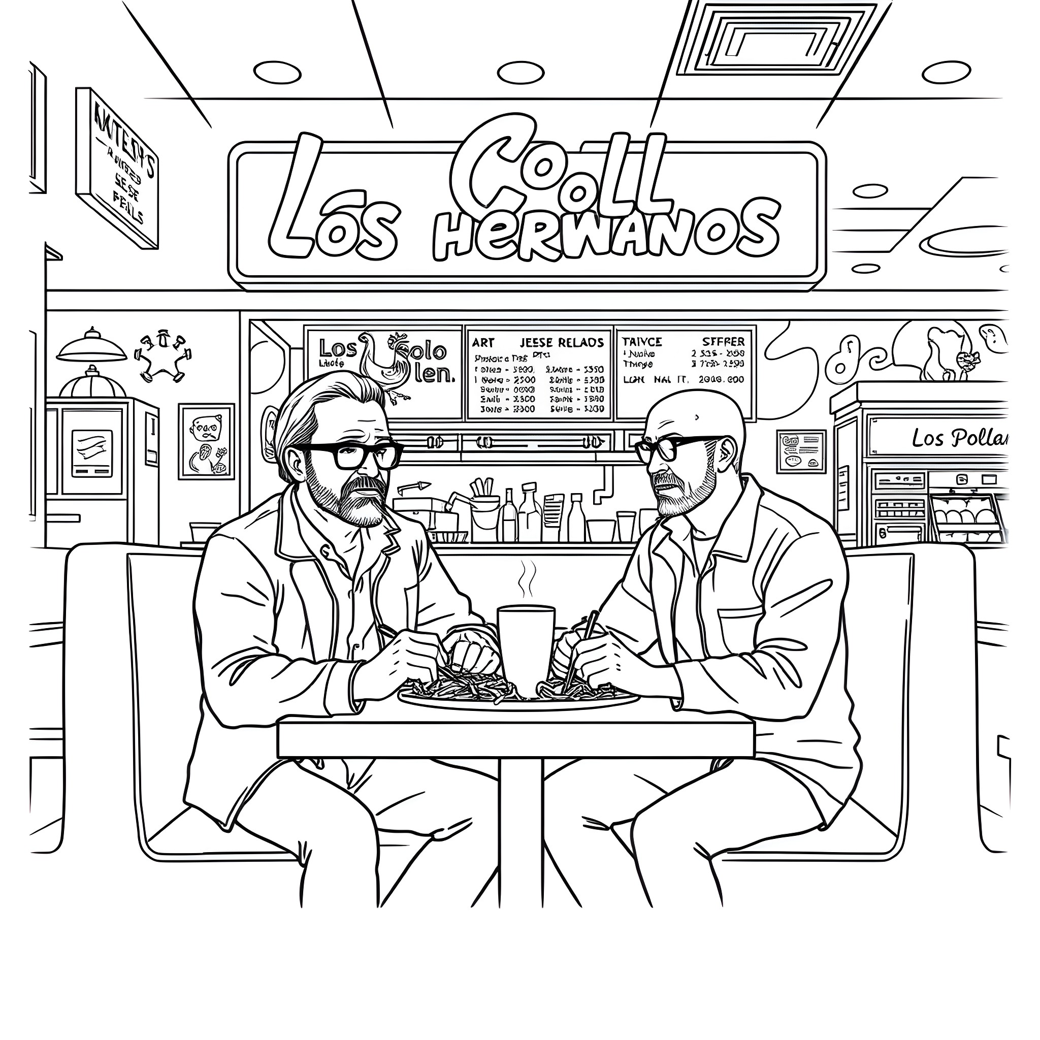 Walter White and companion having a discussion in a diner Coloring Page (free black-and-white line drawing printable PDF for all, from beginners to advanced learners, including children, teens, adults, and seniors)