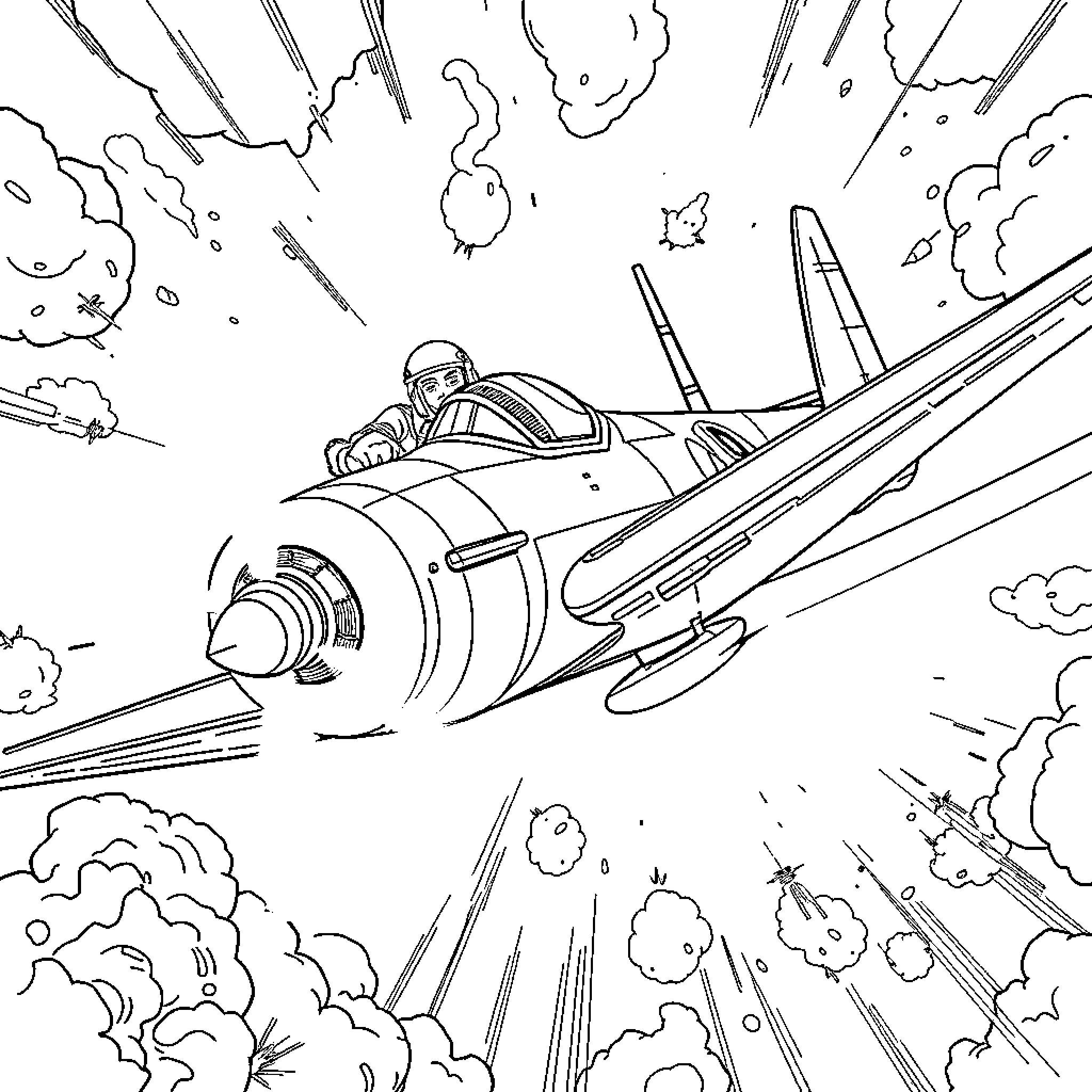 Pilot navigating high-speed jet fighter through clouds Coloring Page (free black-and-white line drawing printable PDF for all, from beginners to advanced learners, including children, teens, adults, and seniors)