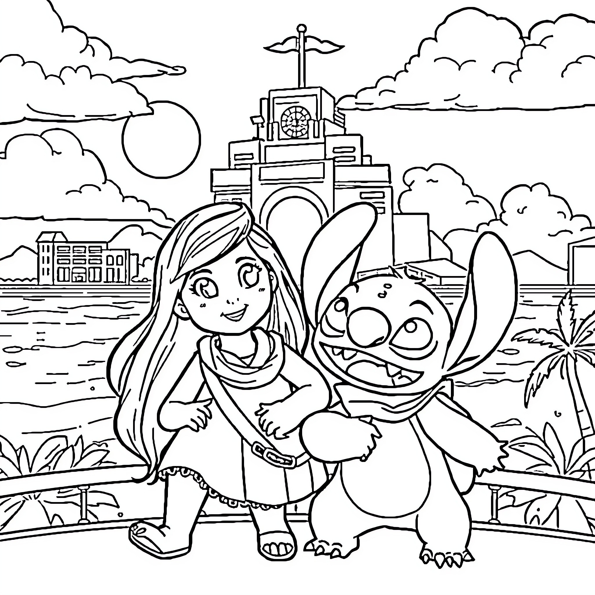 Lilo And Stitch exploring the tropical island together Coloring Page (free black-and-white line drawing printable PDF for all, from beginners to advanced learners, including children, teens, adults, and seniors)