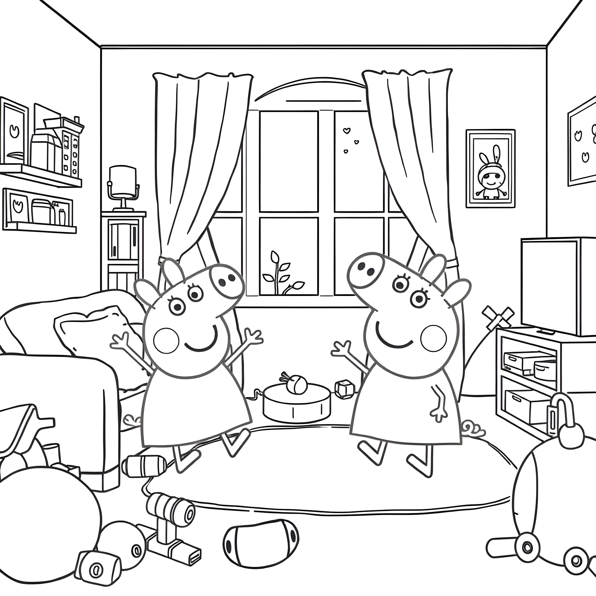Peppa Pig and her friend playing happily in the room Coloring Page (free black-and-white line drawing printable PDF for all, from beginners to advanced learners, including children, teens, adults, and seniors)