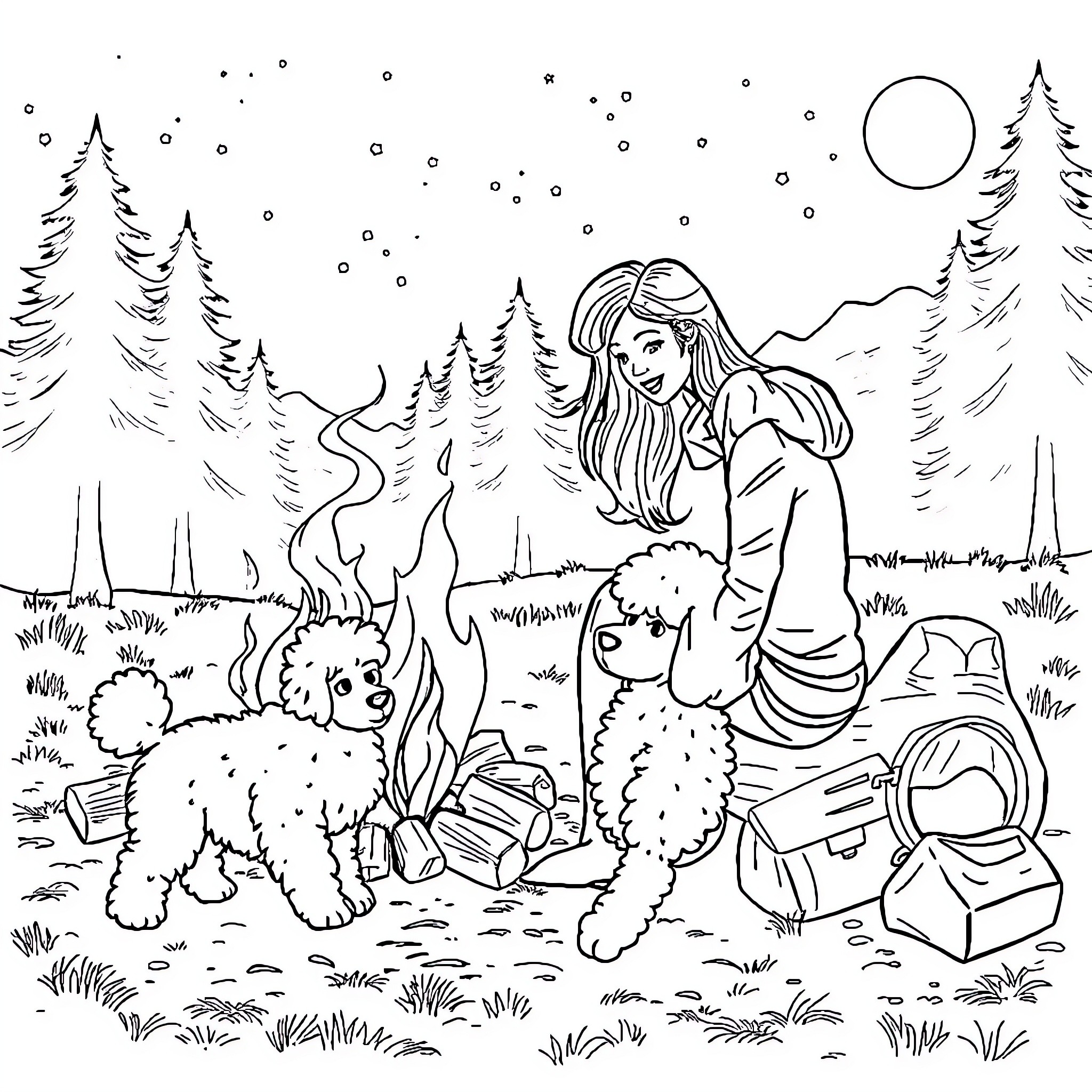 Lady with Adorable Fluffy Pets in Snowy Landscape Coloring Page (free black-and-white line drawing printable PDF for all, from beginners to advanced learners, including children, teens, adults, and seniors)