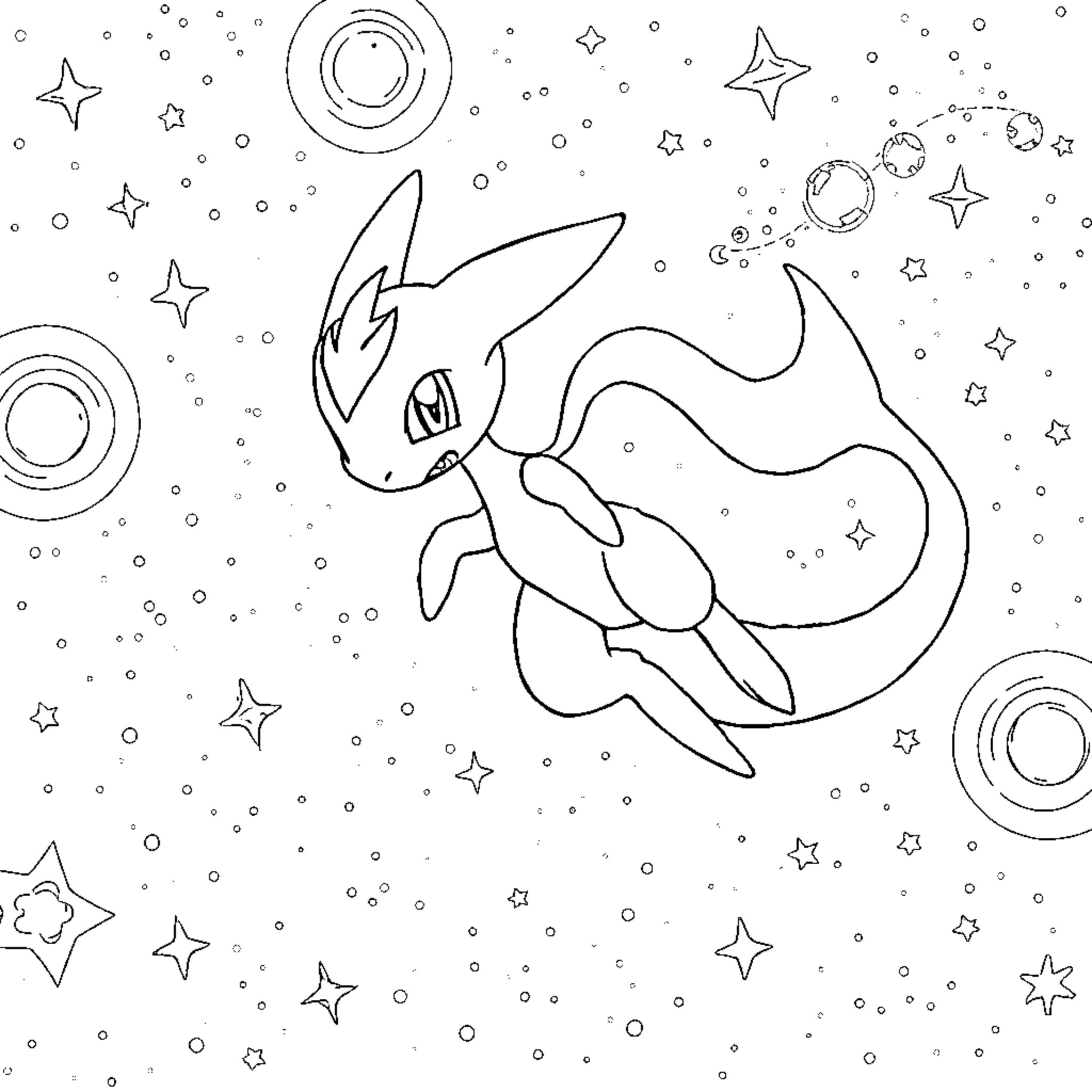 Mewtwo in a cosmic setting Coloring Page (free black-and-white line drawing printable PDF for all, from beginners to advanced learners, including children, teens, adults, and seniors)