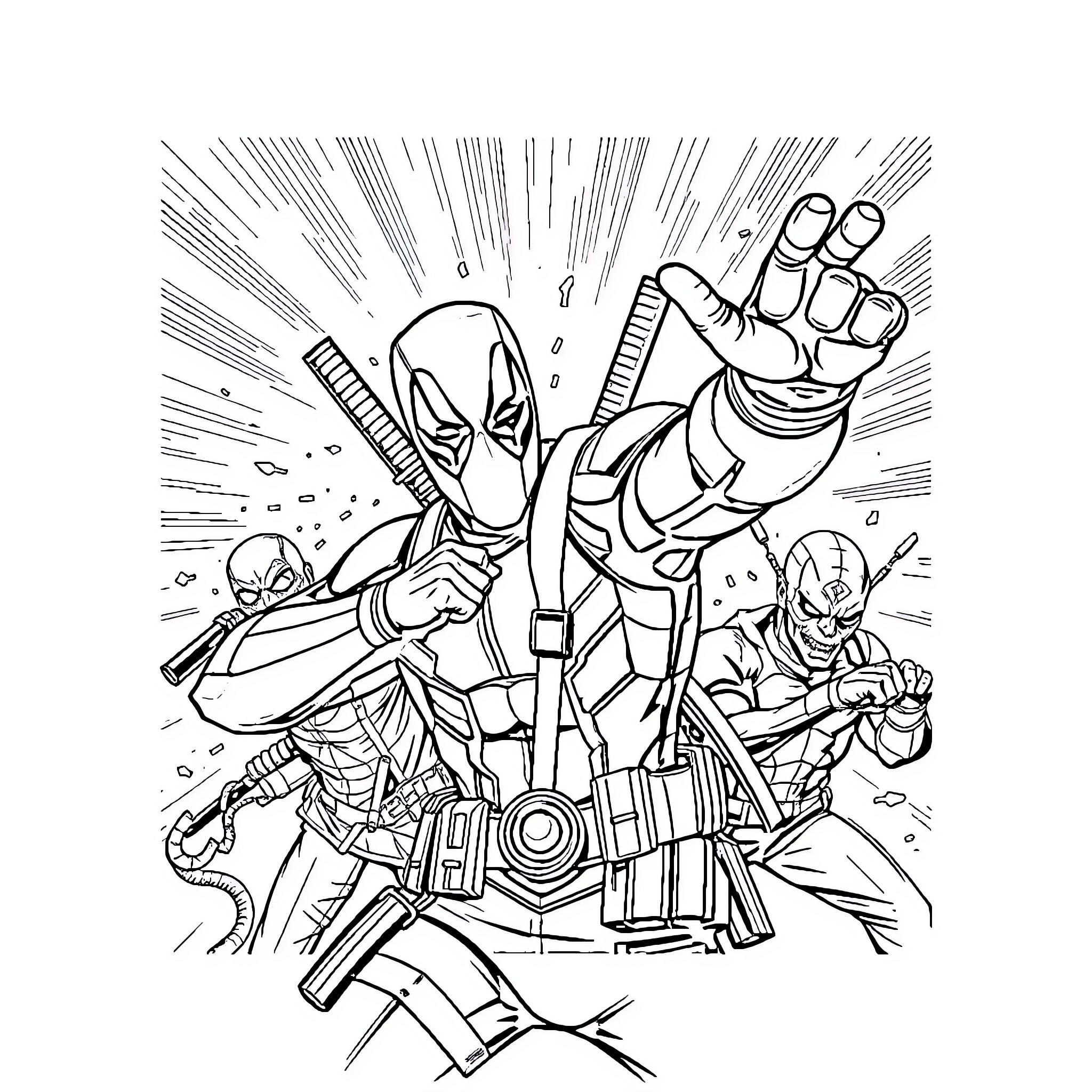 Deadpool in action-packed superhero pose Coloring Page (free black-and-white line drawing printable PDF for all, from beginners to advanced learners, including children, teens, adults, and seniors)