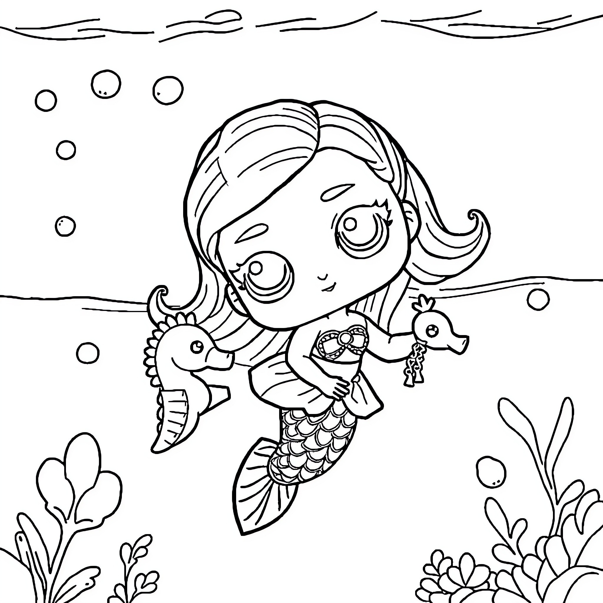 Lol Doll mermaid playing with sea creatures Coloring Page (free black-and-white line drawing printable PDF for all, from beginners to advanced learners, including children, teens, adults, and seniors)