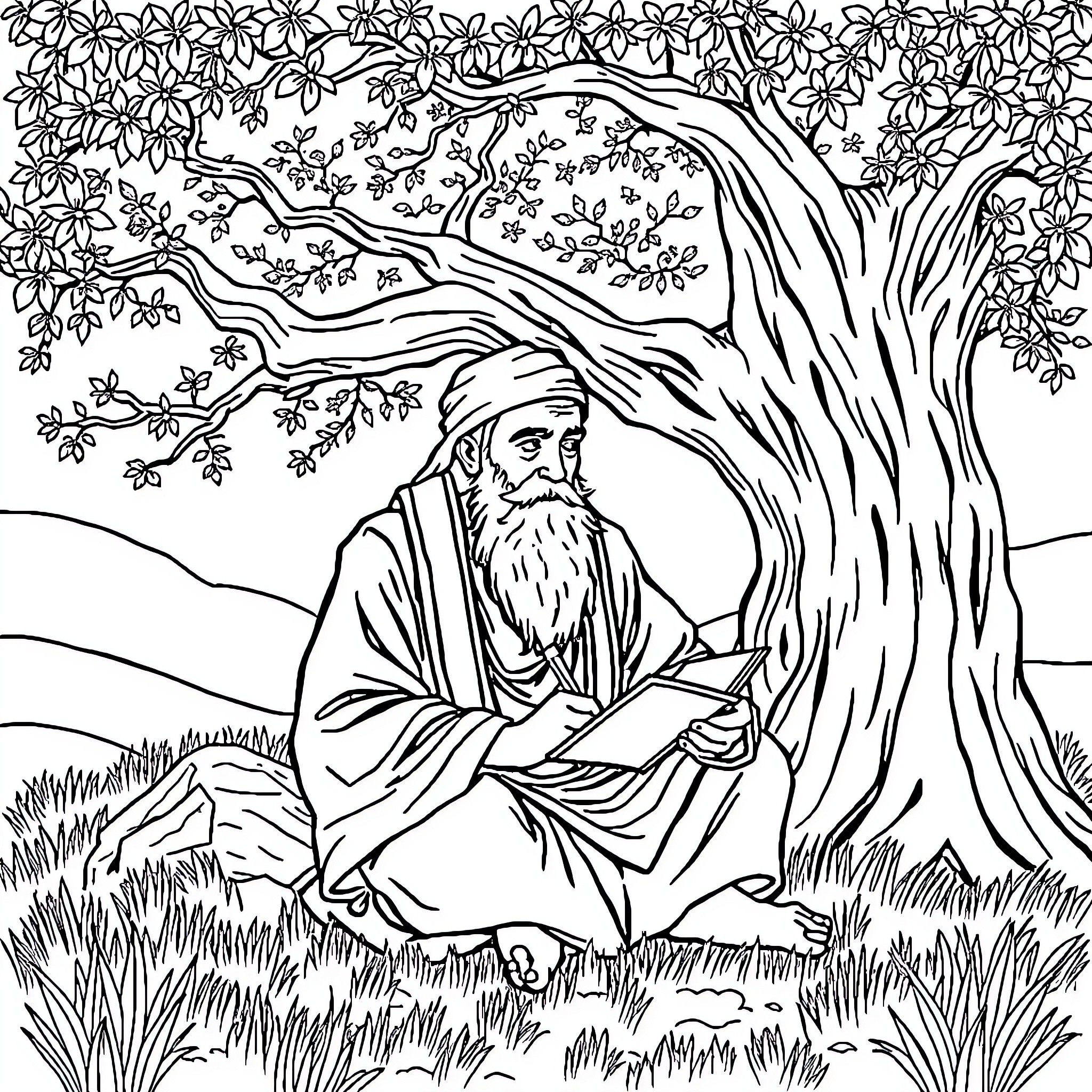 Rumi meditating under a blossoming tree Coloring Page (free black-and-white line drawing printable PDF for all, from beginners to advanced learners, including children, teens, adults, and seniors)