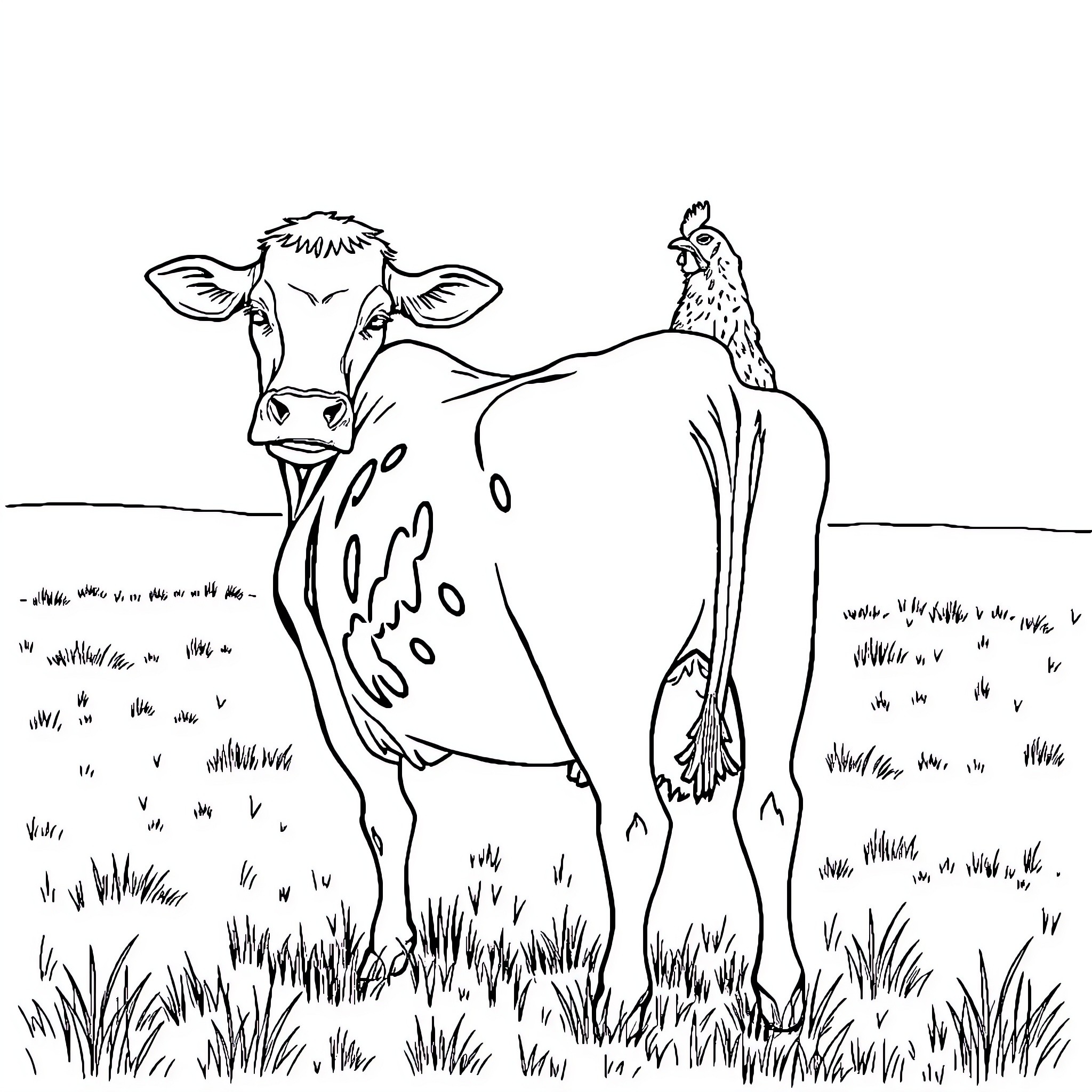 Cow standing with rooster in grassy field Coloring Page (free black-and-white line drawing printable PDF for all, from beginners to advanced learners, including children, teens, adults, and seniors)