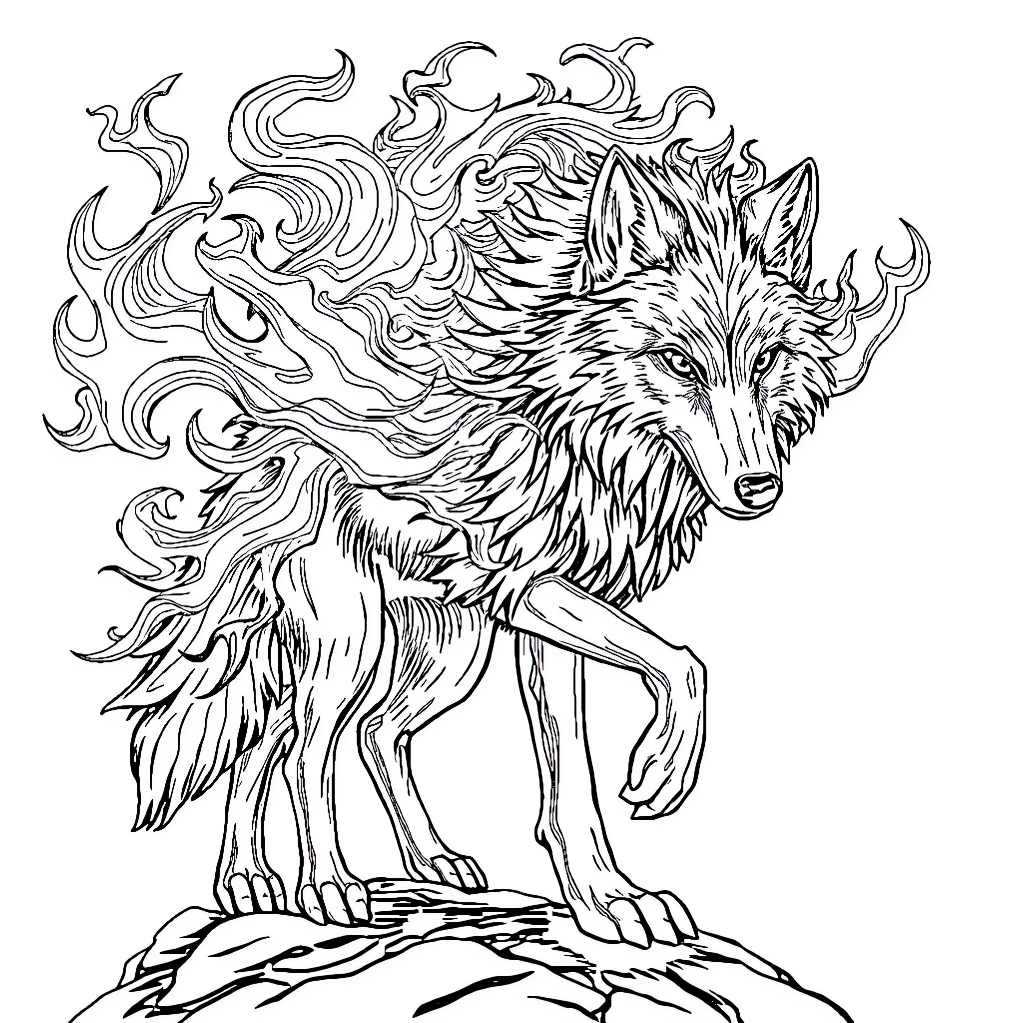 Wolf with Fiery Mane and Expressive Pose Coloring Page (free black-and-white line drawing printable PDF for all, from beginners to advanced learners, including children, teens, adults, and seniors)