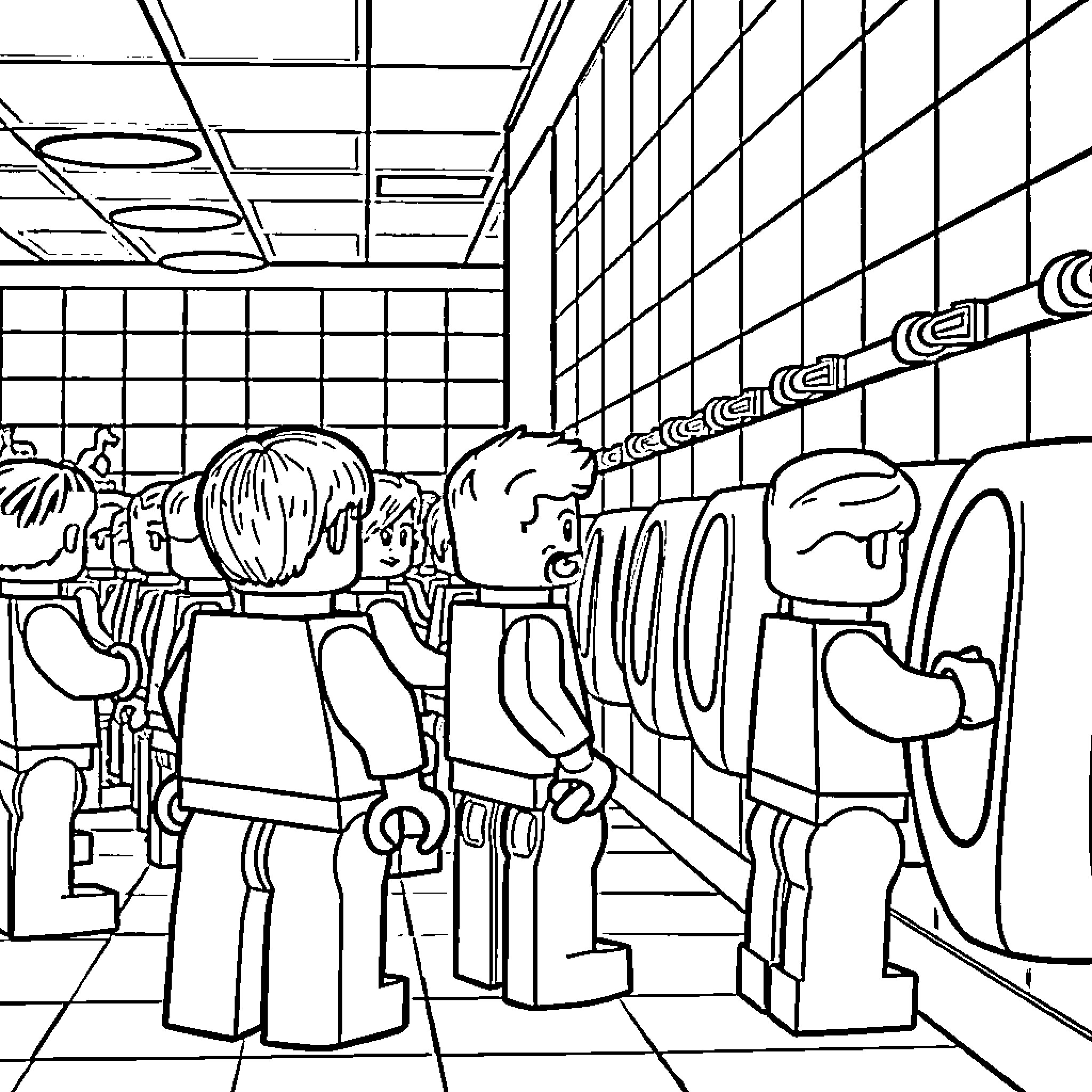 Lego Minifigurines in a school hallway Coloring Page (free black-and-white line drawing printable PDF for all, from beginners to advanced learners, including children, teens, adults, and seniors)