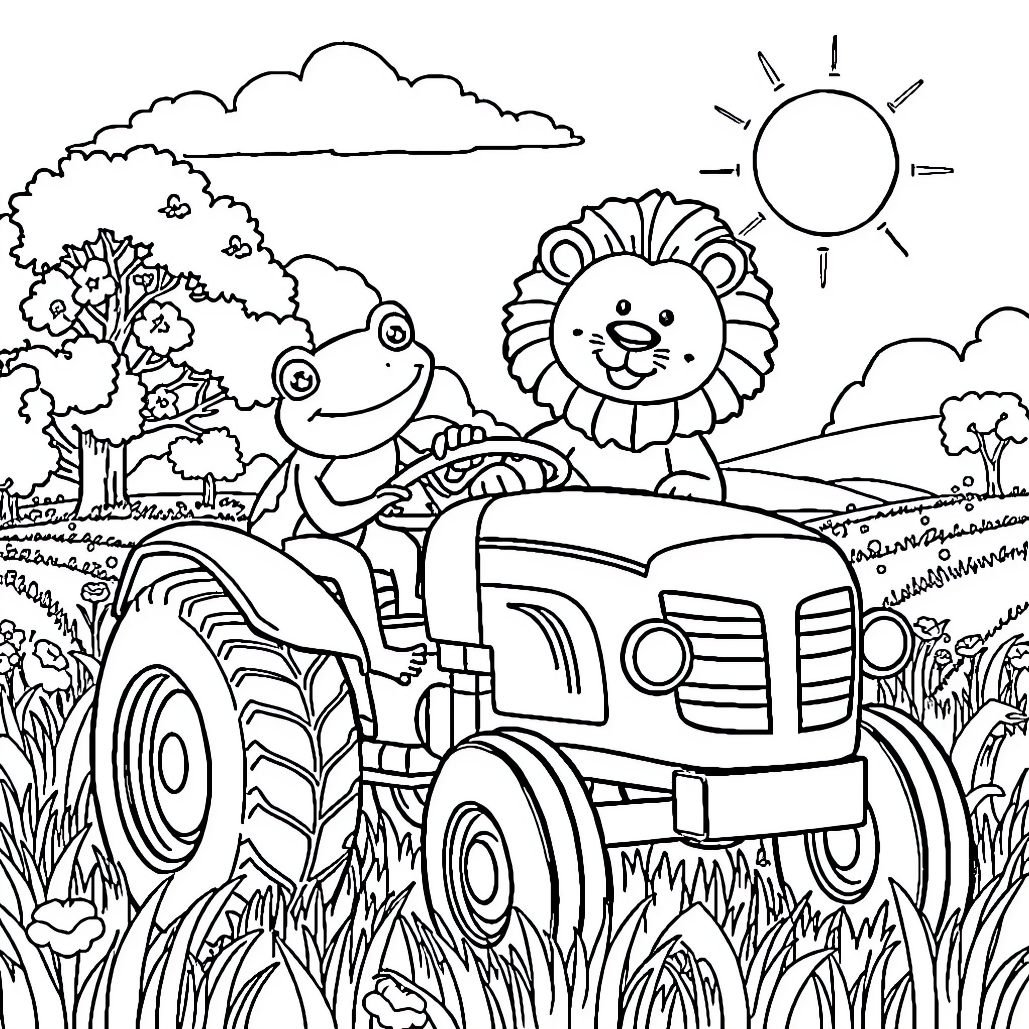Frog driving tractor with lion companion in nature Coloring Page (free black-and-white line drawing printable PDF for all, from beginners to advanced learners, including children, teens, adults, and seniors)