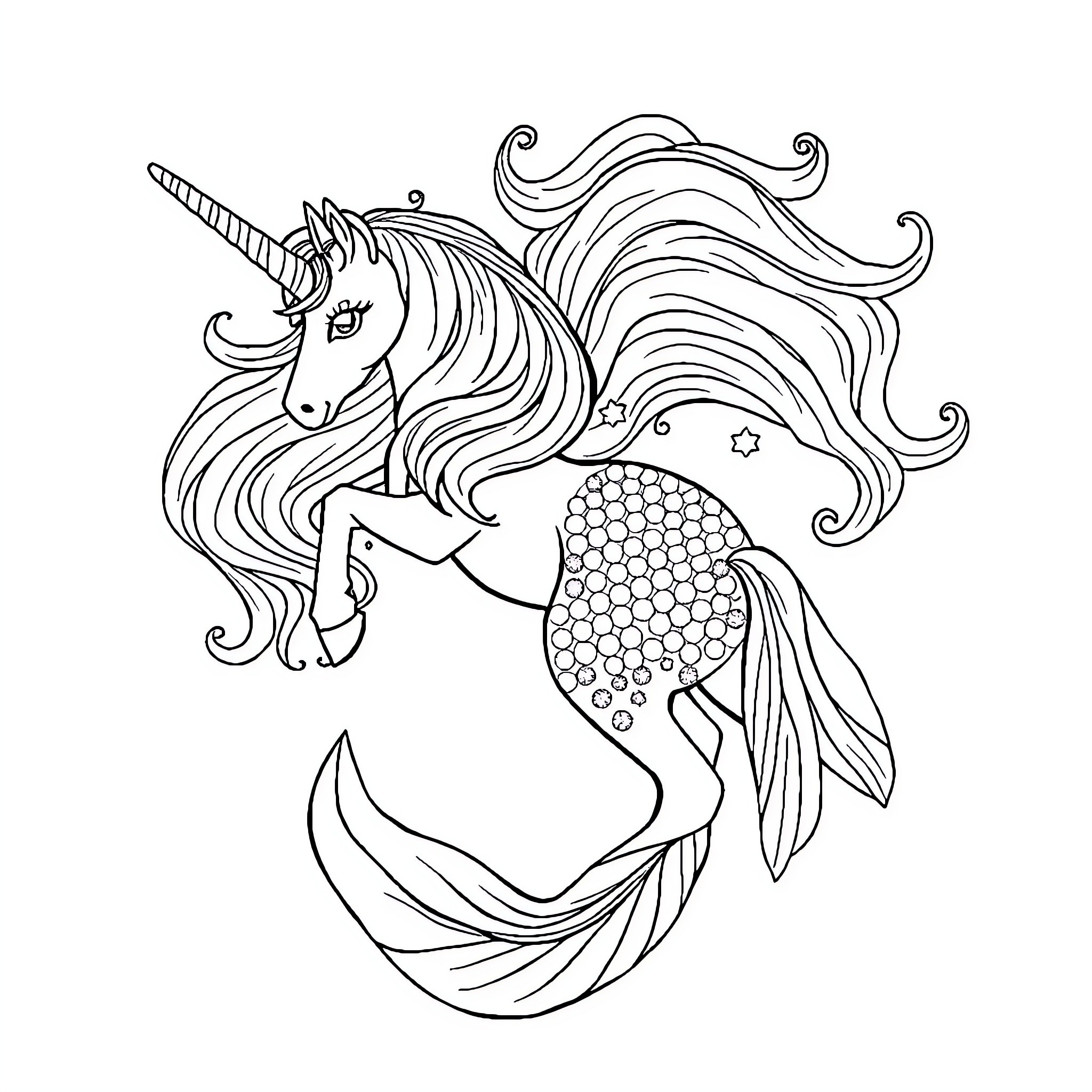 Unicorn mermaid with flowing mane and tail Coloring Page (free black-and-white line drawing printable PDF for all, from beginners to advanced learners, including children, teens, adults, and seniors)