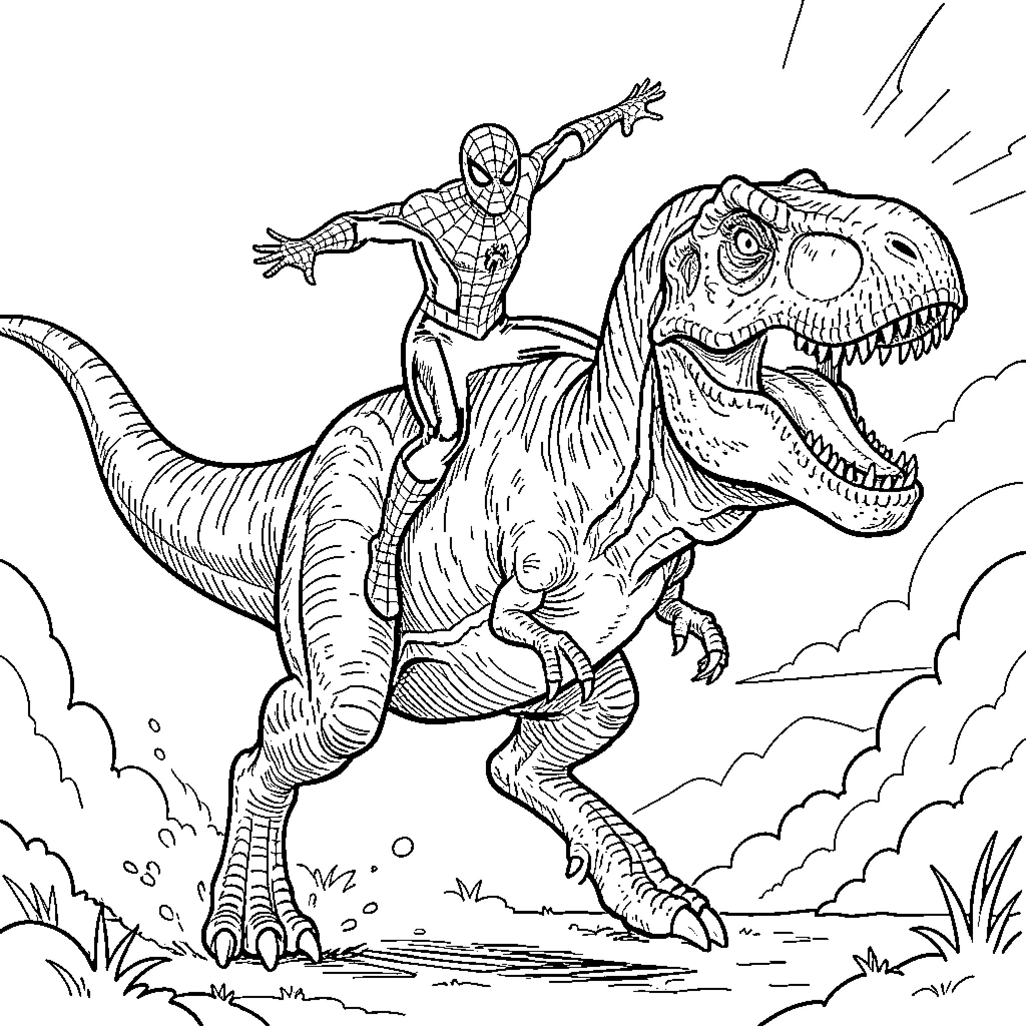 Spiderman riding a large dinosaur through a landscape Coloring Page (free black-and-white line drawing printable PDF for all, from beginners to advanced learners, including children, teens, adults, and seniors)