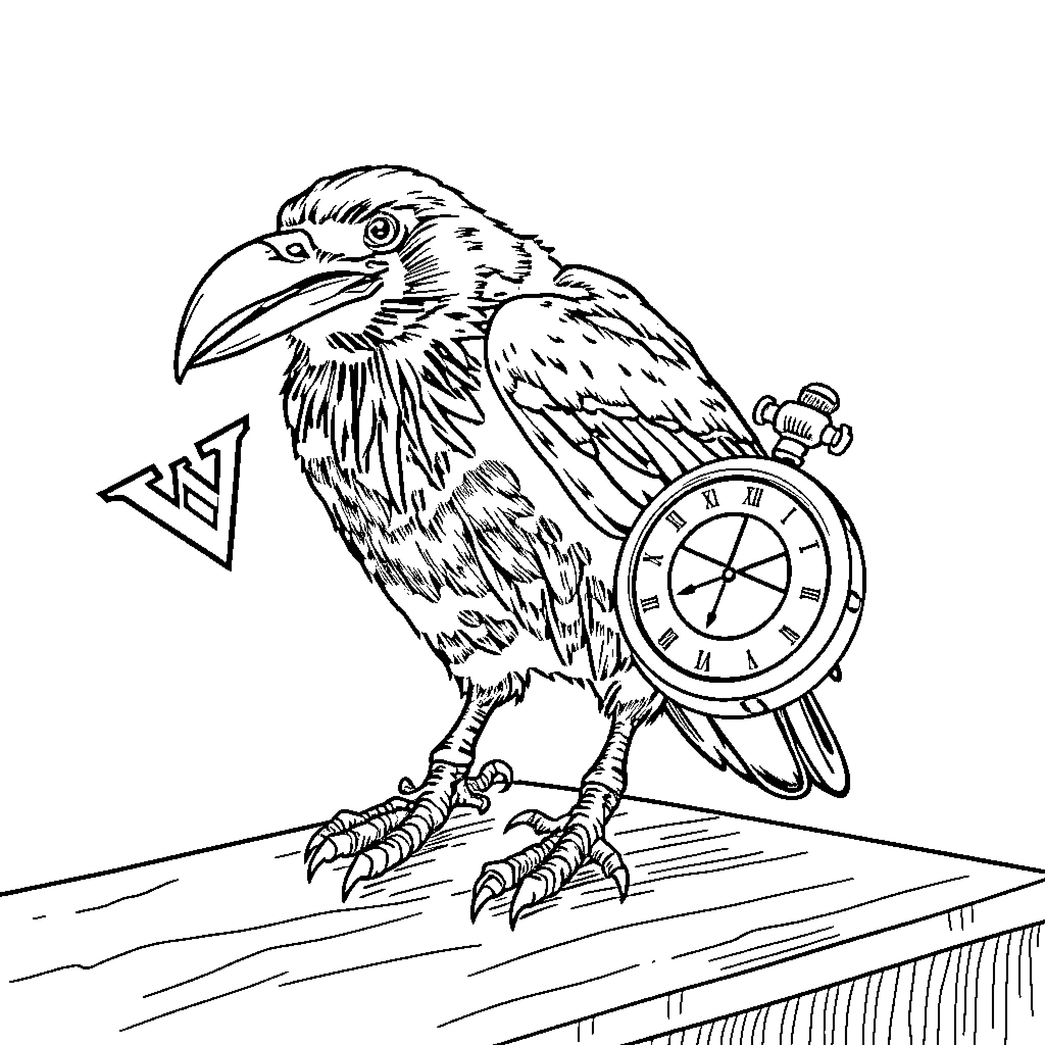 Raven perched with a mysterious pocket watch Coloring Page (free black-and-white line drawing printable PDF for all, from beginners to advanced learners, including children, teens, adults, and seniors)