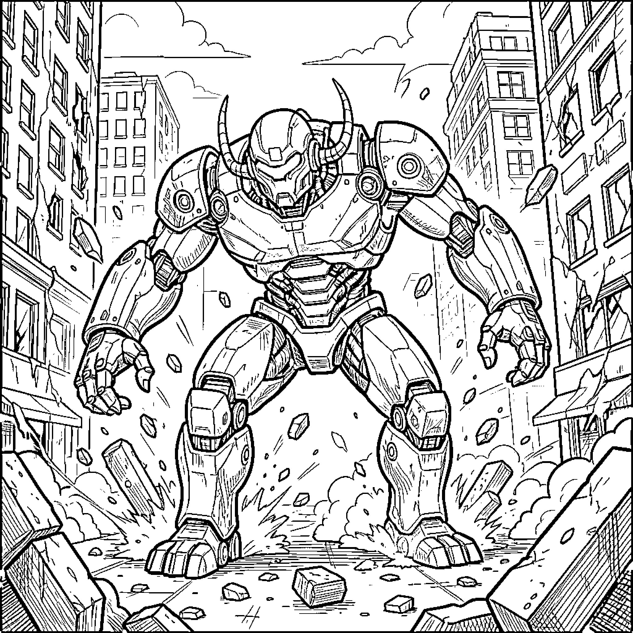 Organism battles through the city Coloring Page (free black-and-white line drawing printable PDF for all, from beginners to advanced learners, including children, teens, adults, and seniors)
