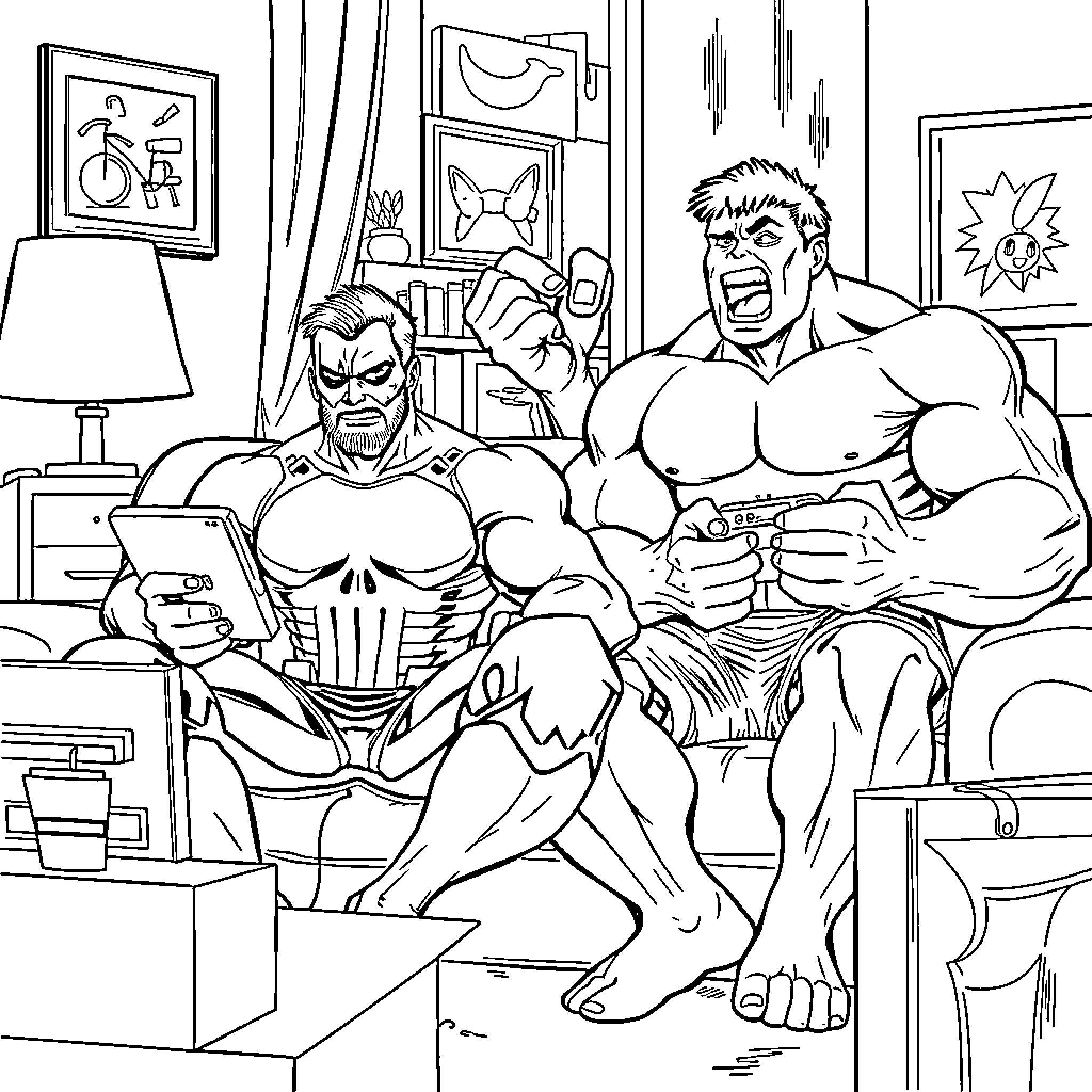 Punisher heroes in action-packed scene Coloring Page (free black-and-white line drawing printable PDF for all, from beginners to advanced learners, including children, teens, adults, and seniors)