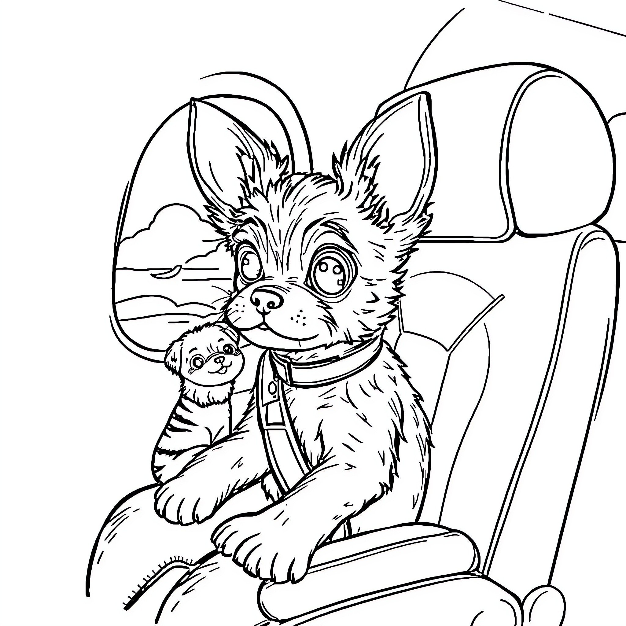 Perrito riding happily in car with toy Coloring Page (free black-and-white line drawing printable PDF for all, from beginners to advanced learners, including children, teens, adults, and seniors)