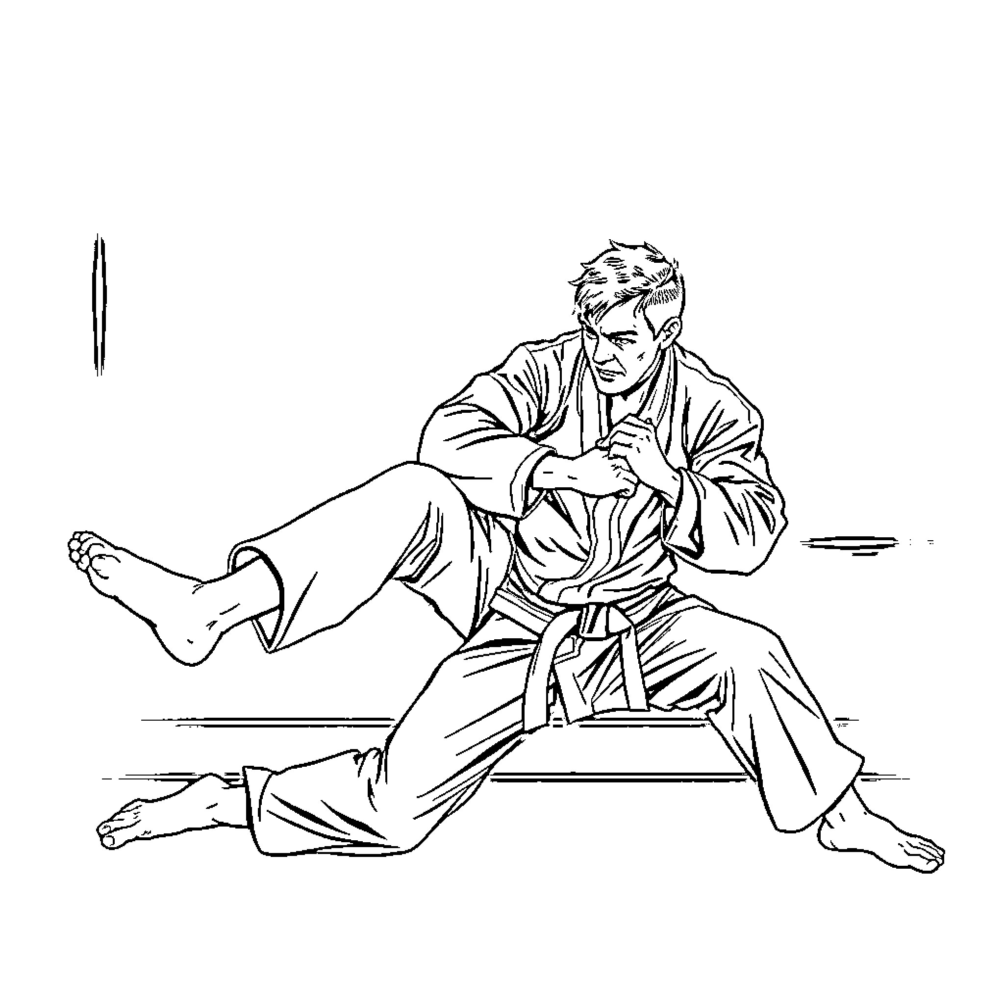 Jiu Jitsu martial artist performing technique Coloring Page (free black-and-white line drawing printable PDF for all, from beginners to advanced learners, including children, teens, adults, and seniors)