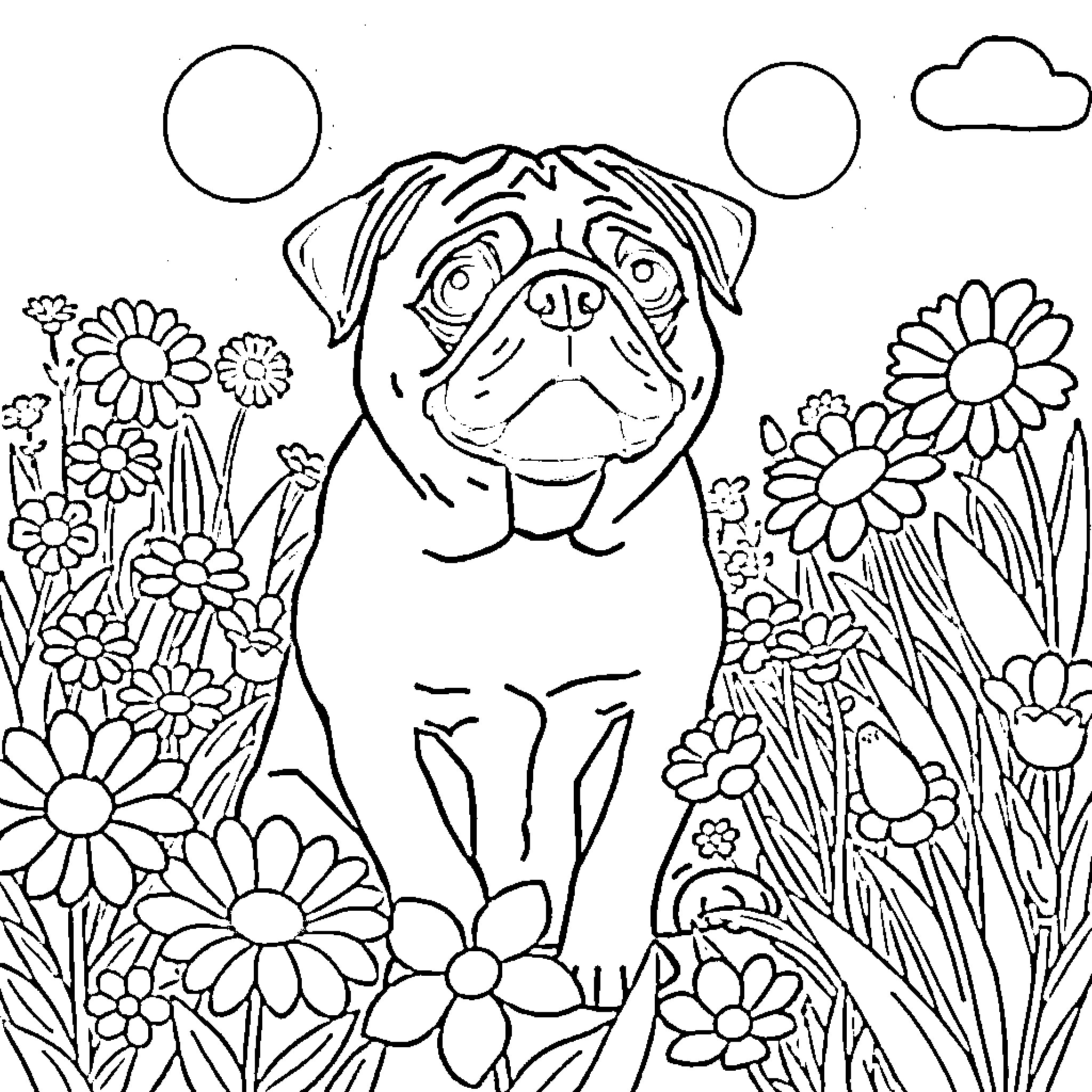 Pug surrounded by vibrant flowers Coloring Page (free black-and-white line drawing printable PDF for all, from beginners to advanced learners, including children, teens, adults, and seniors)
