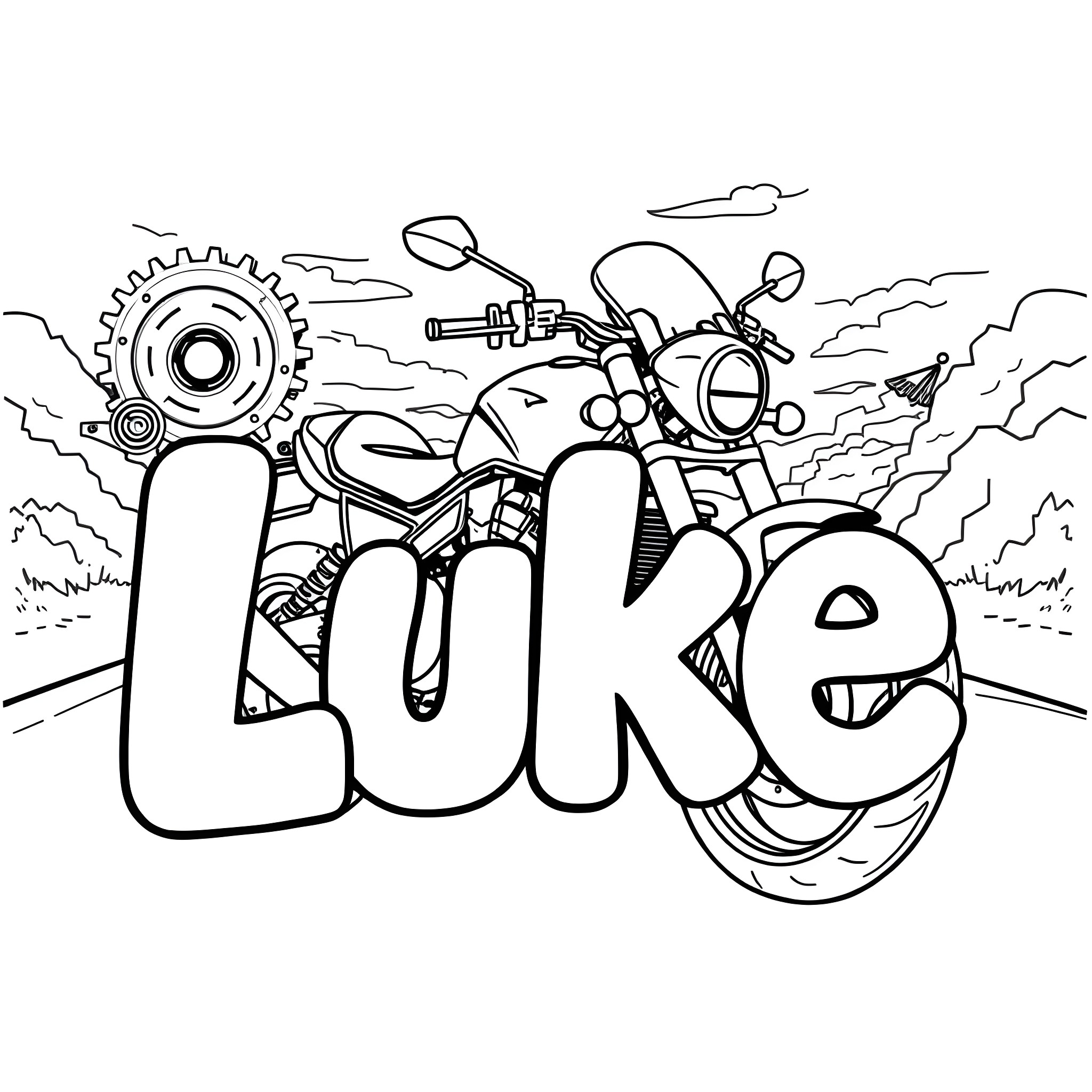 Luke's Thrilling Motorcycle Adventure Coloring Page (free black-and-white line drawing printable PDF for all, from beginners to advanced learners, including children, teens, adults, and seniors)