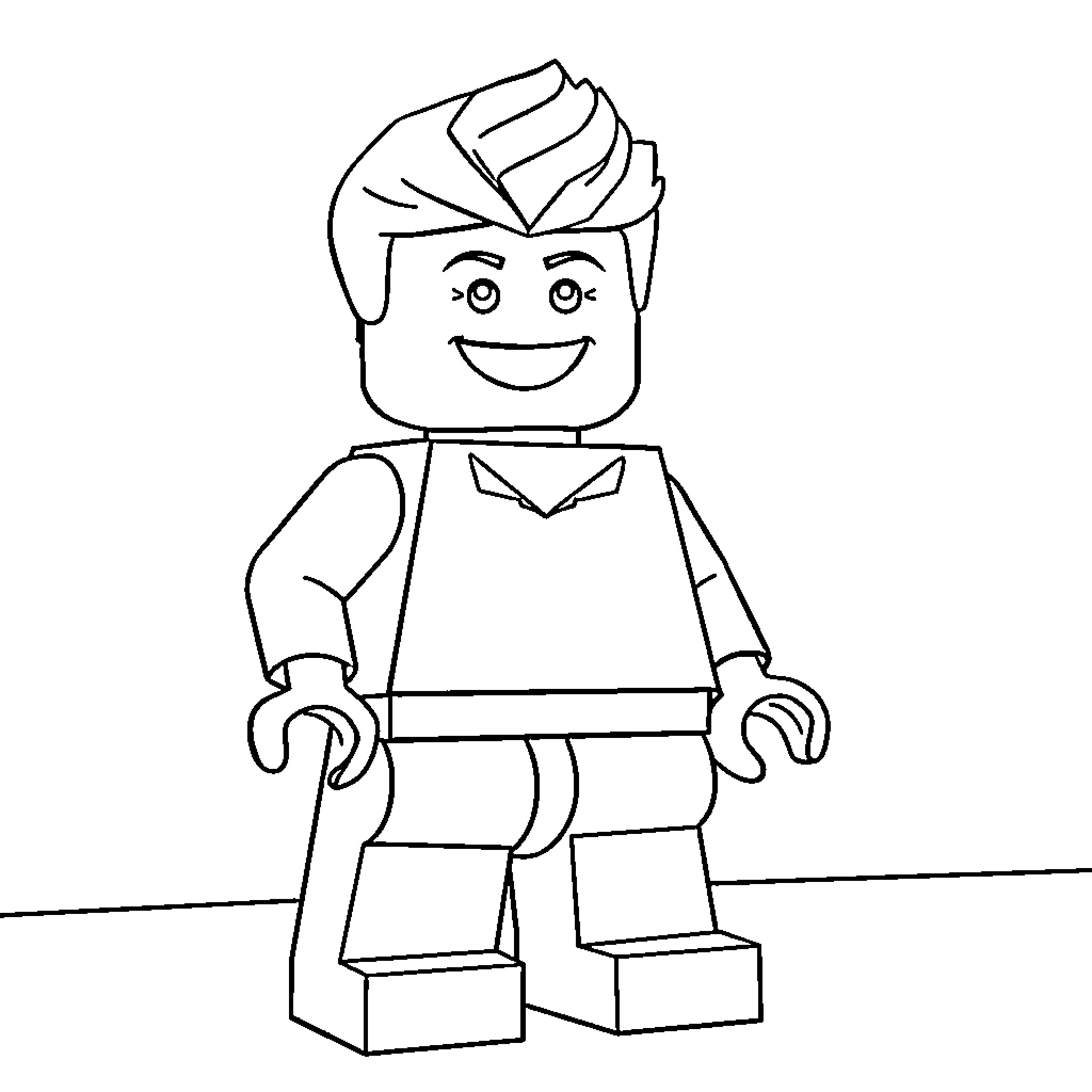 Lego Man standing with a happy expression Coloring Page (free black-and-white line drawing printable PDF for all, from beginners to advanced learners, including children, teens, adults, and seniors)