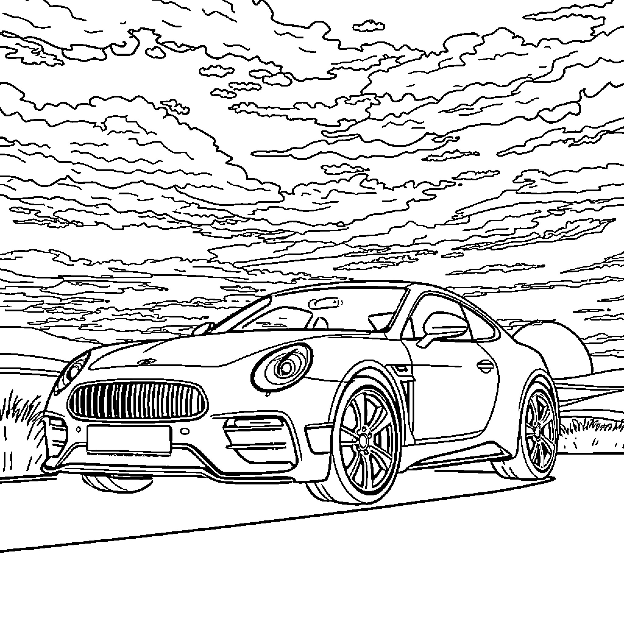 Car driving on the road against cloudy sky Coloring Page (free black-and-white line drawing printable PDF for all, from beginners to advanced learners, including children, teens, adults, and seniors)
