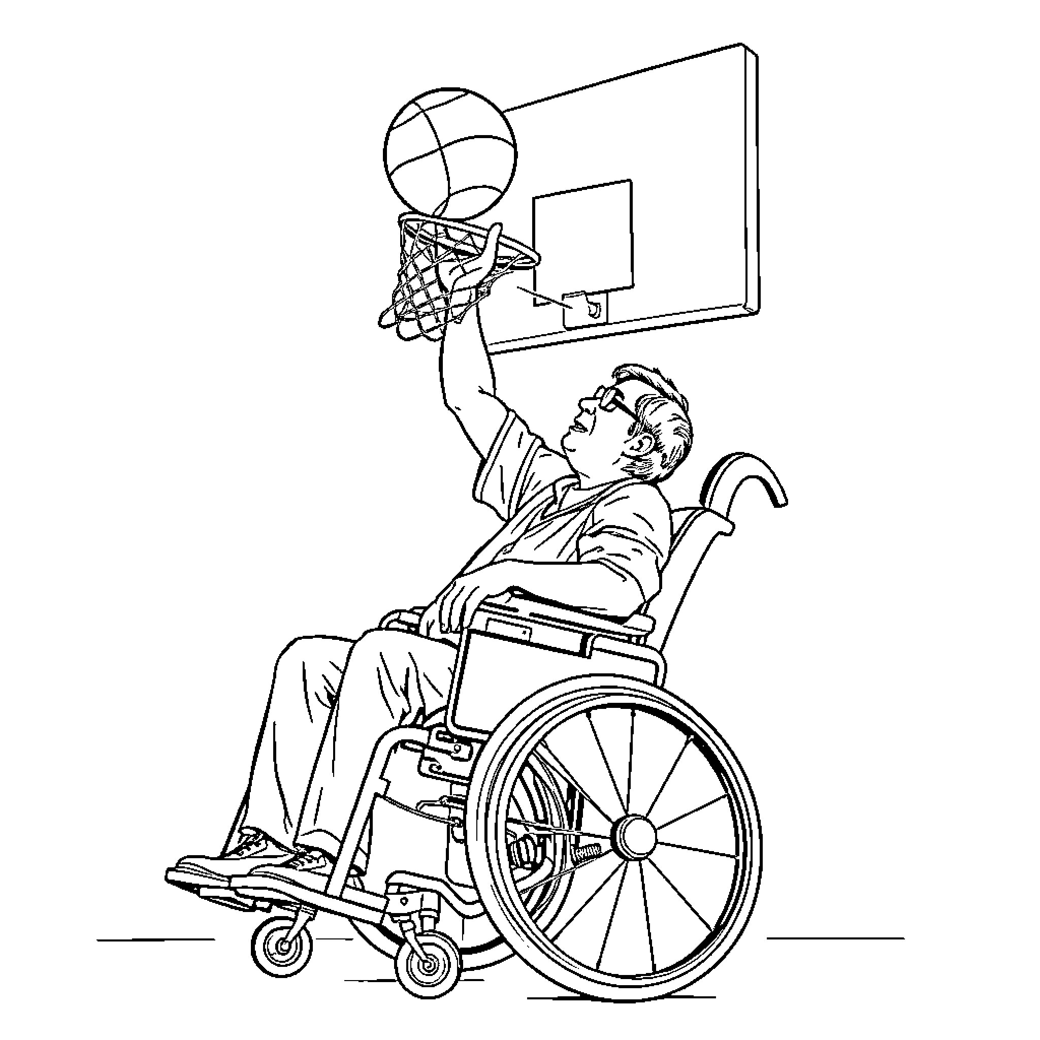 Stephen Hawking playing basketball in wheelchair Coloring Page (free black-and-white line drawing printable PDF for all, from beginners to advanced learners, including children, teens, adults, and seniors)
