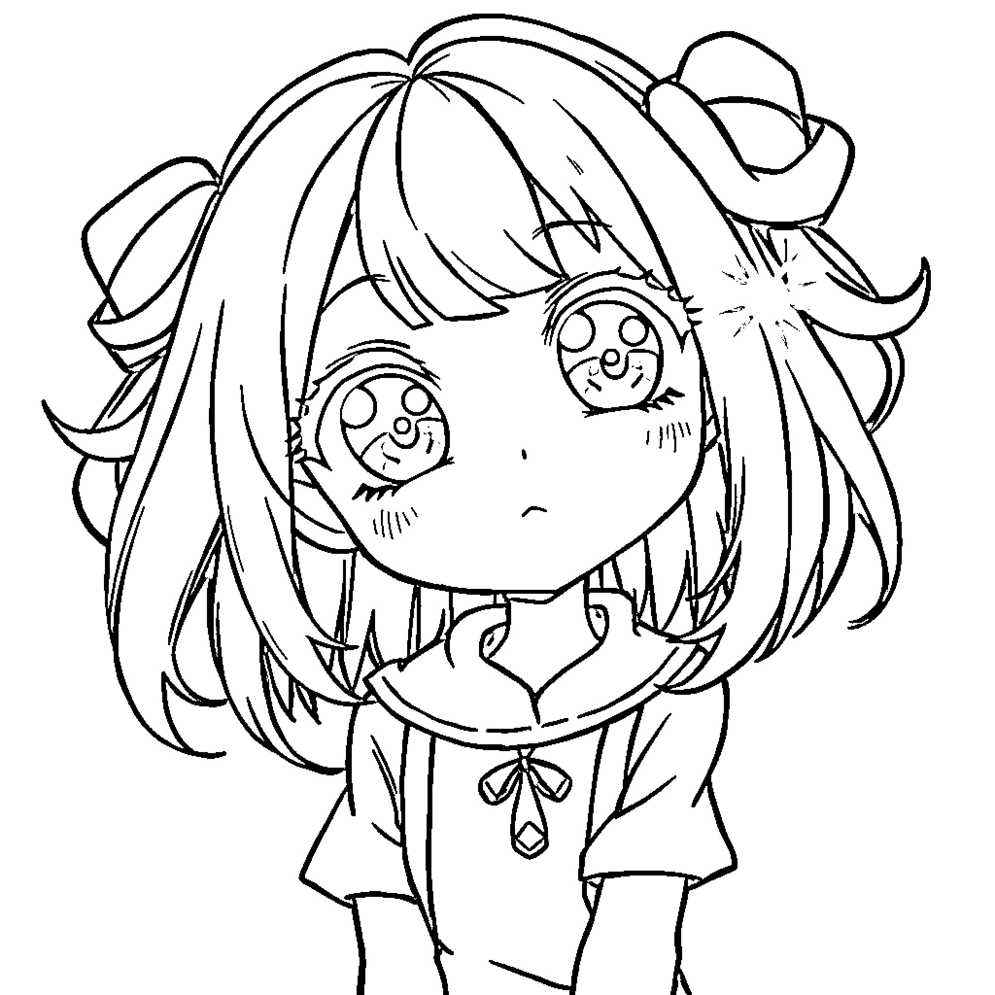 Anime Girl with Vibrant Expression and Unique Outfit Coloring Page (free black-and-white line drawing printable PDF for all, from beginners to advanced learners, including children, teens, adults, and seniors)