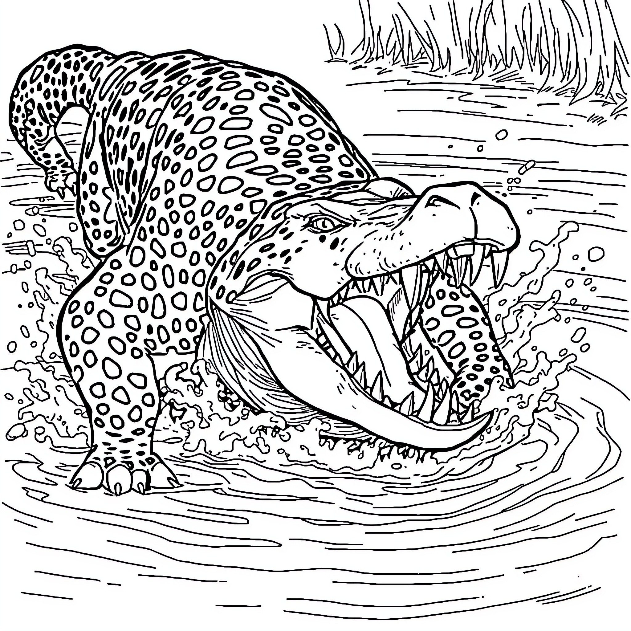 Jaguar Leaping through Rushing Waters Coloring Page (free black-and-white line drawing printable PDF for all, from beginners to advanced learners, including children, teens, adults, and seniors)