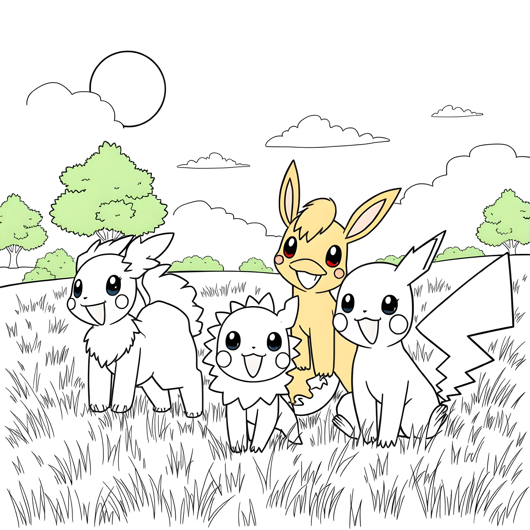 Pokémon characters playing in the outdoor landscape Coloring Page (free black-and-white line drawing printable PDF for all, from beginners to advanced learners, including children, teens, adults, and seniors)