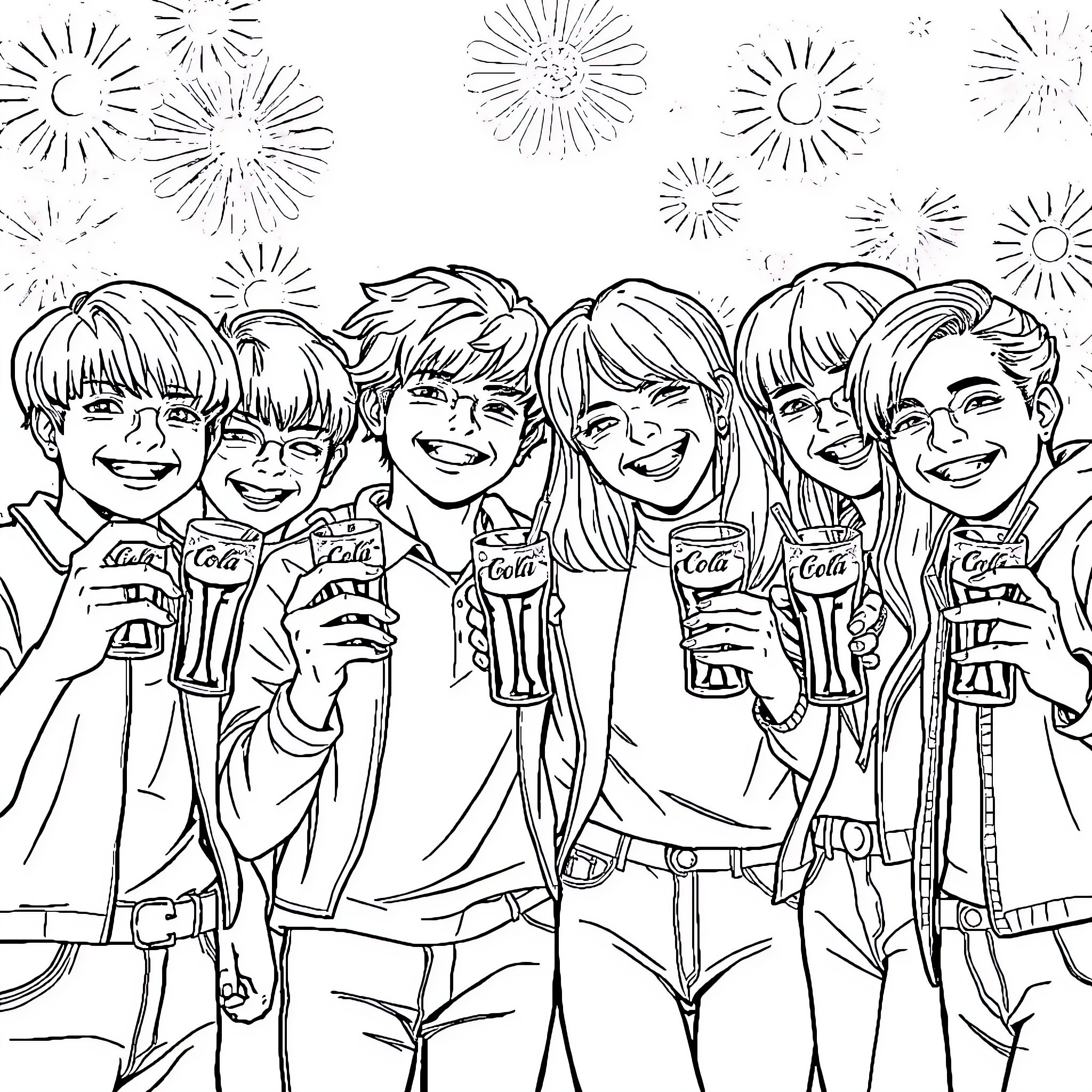 BTS Members Celebrating with Coca-Cola Coloring Page (free black-and-white line drawing printable PDF for all, from beginners to advanced learners, including children, teens, adults, and seniors)