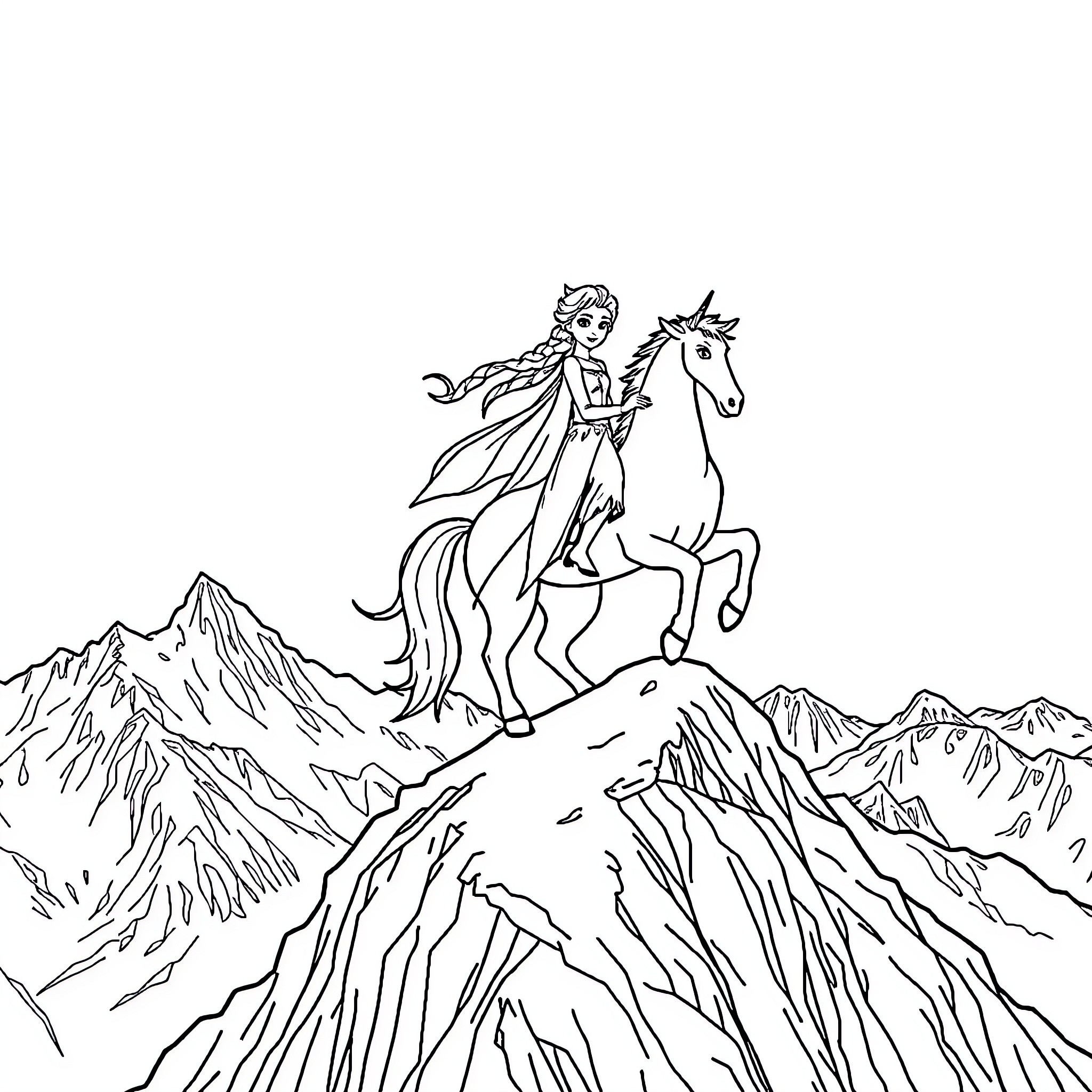 Elsa riding her majestic horse through the snowy mountains Coloring Page (free black-and-white line drawing printable PDF for all, from beginners to advanced learners, including children, teens, adults, and seniors)