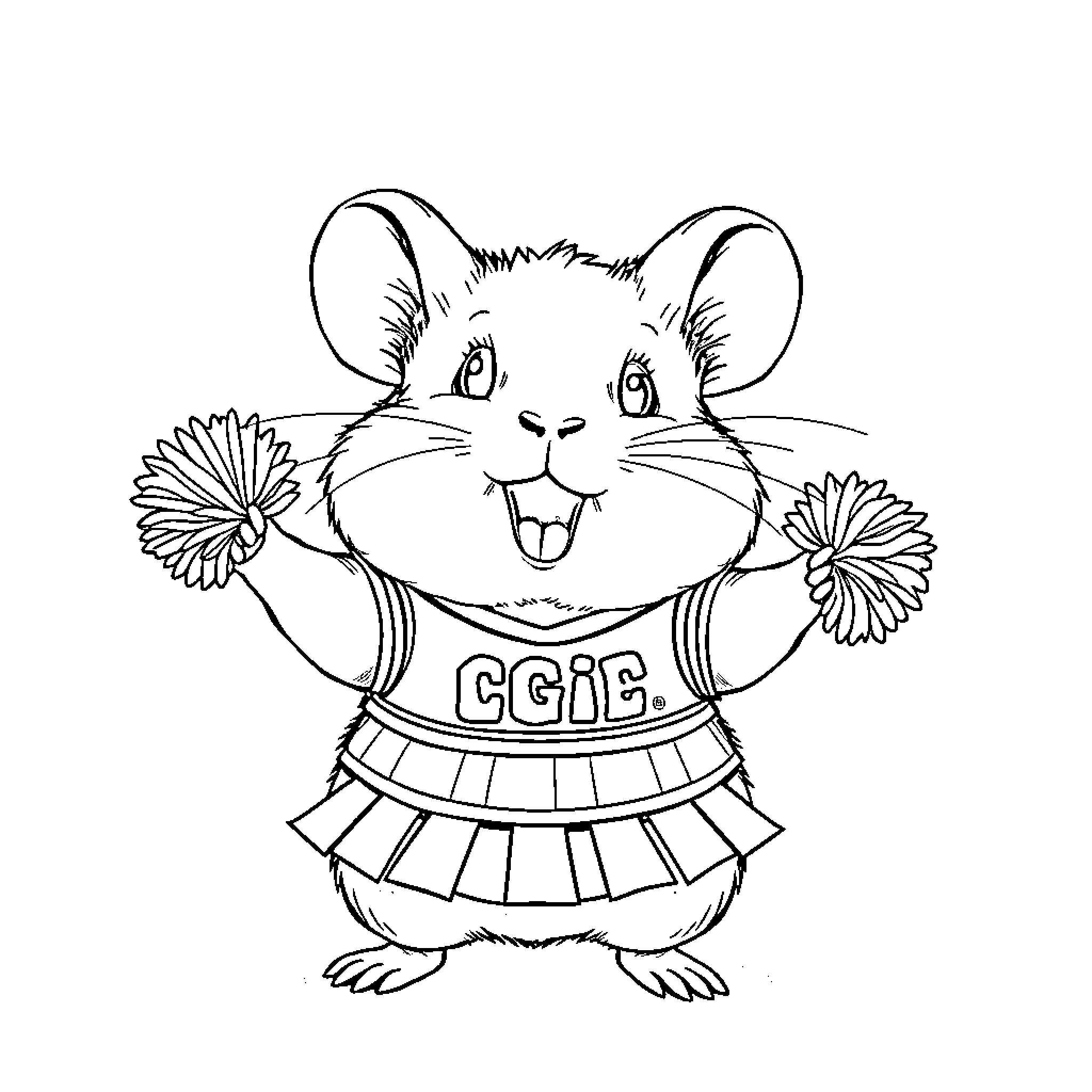 Hamster cheering excitedly in cheerleader outfit Coloring Page (free black-and-white line drawing printable PDF for all, from beginners to advanced learners, including children, teens, adults, and seniors)
