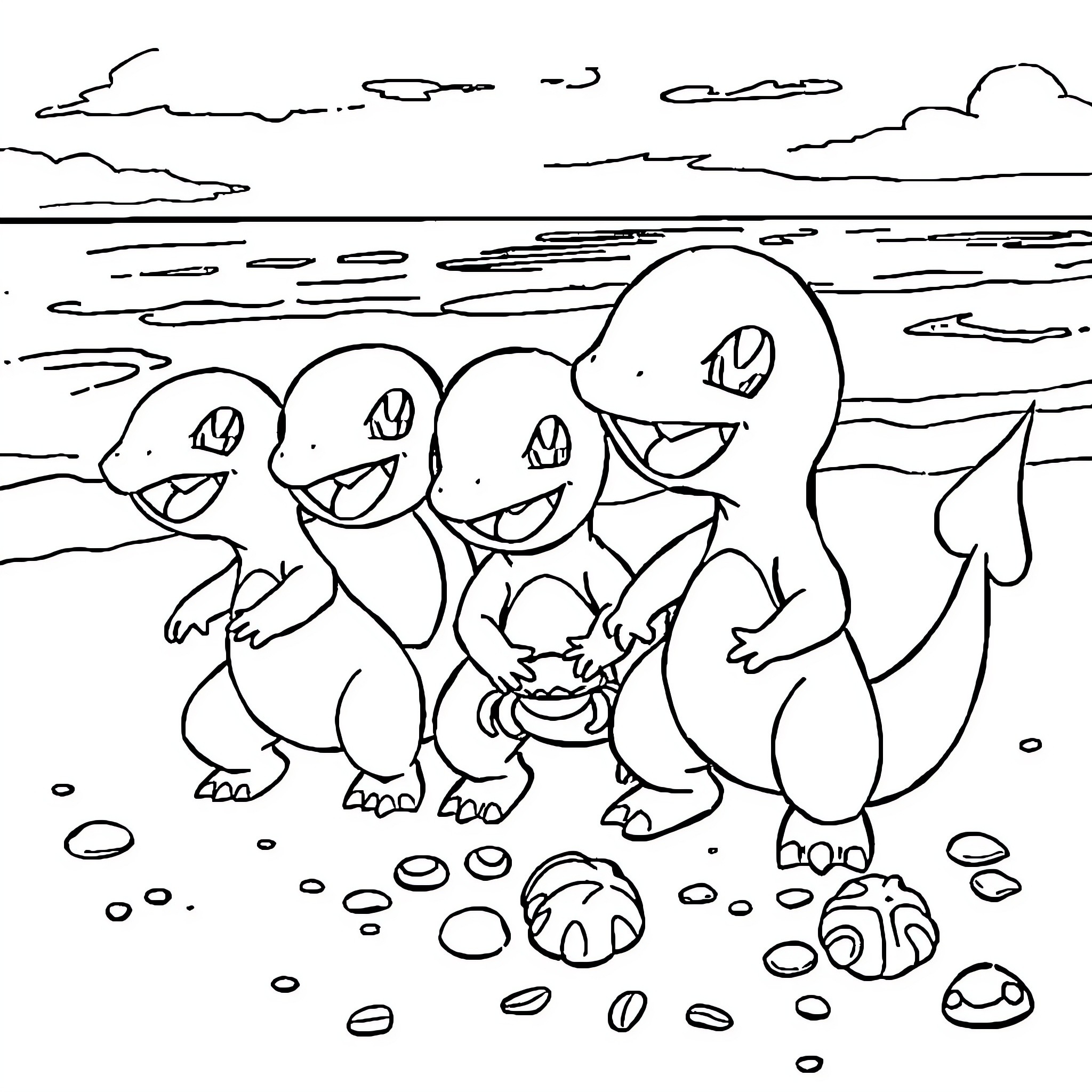Charmander and its Playful Companions Coloring Page (free black-and-white line drawing printable PDF for all, from beginners to advanced learners, including children, teens, adults, and seniors)