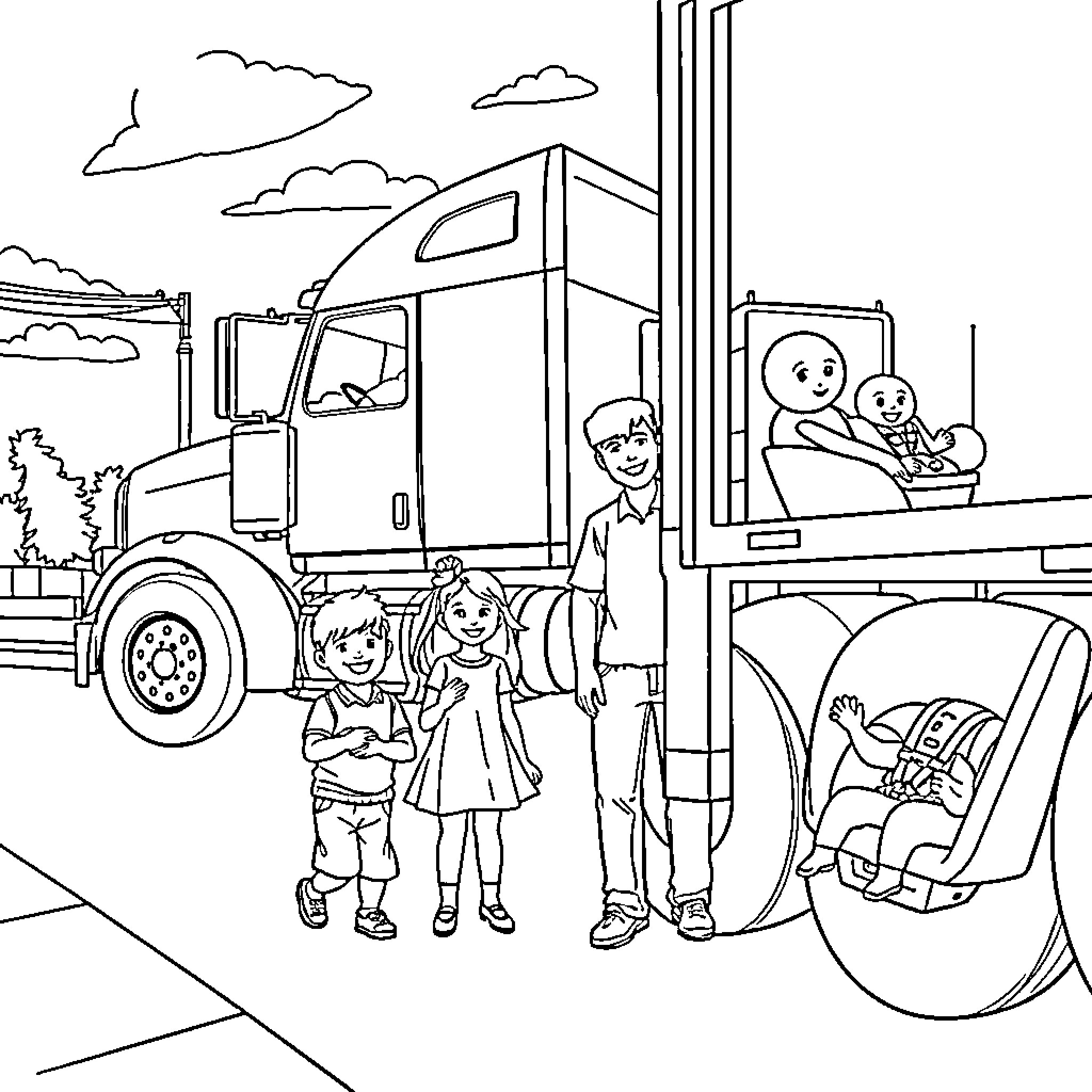 Truck transporting a happy family on the road Coloring Page (free black-and-white line drawing printable PDF for all, from beginners to advanced learners, including children, teens, adults, and seniors)